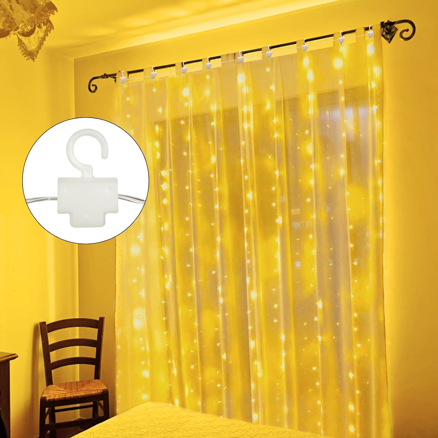 Minetom Curtain Lights, 300 LED Dimmable Fairy Lights, USB Powered, 2 Pack, Warm White, Model JY21CUR300A01