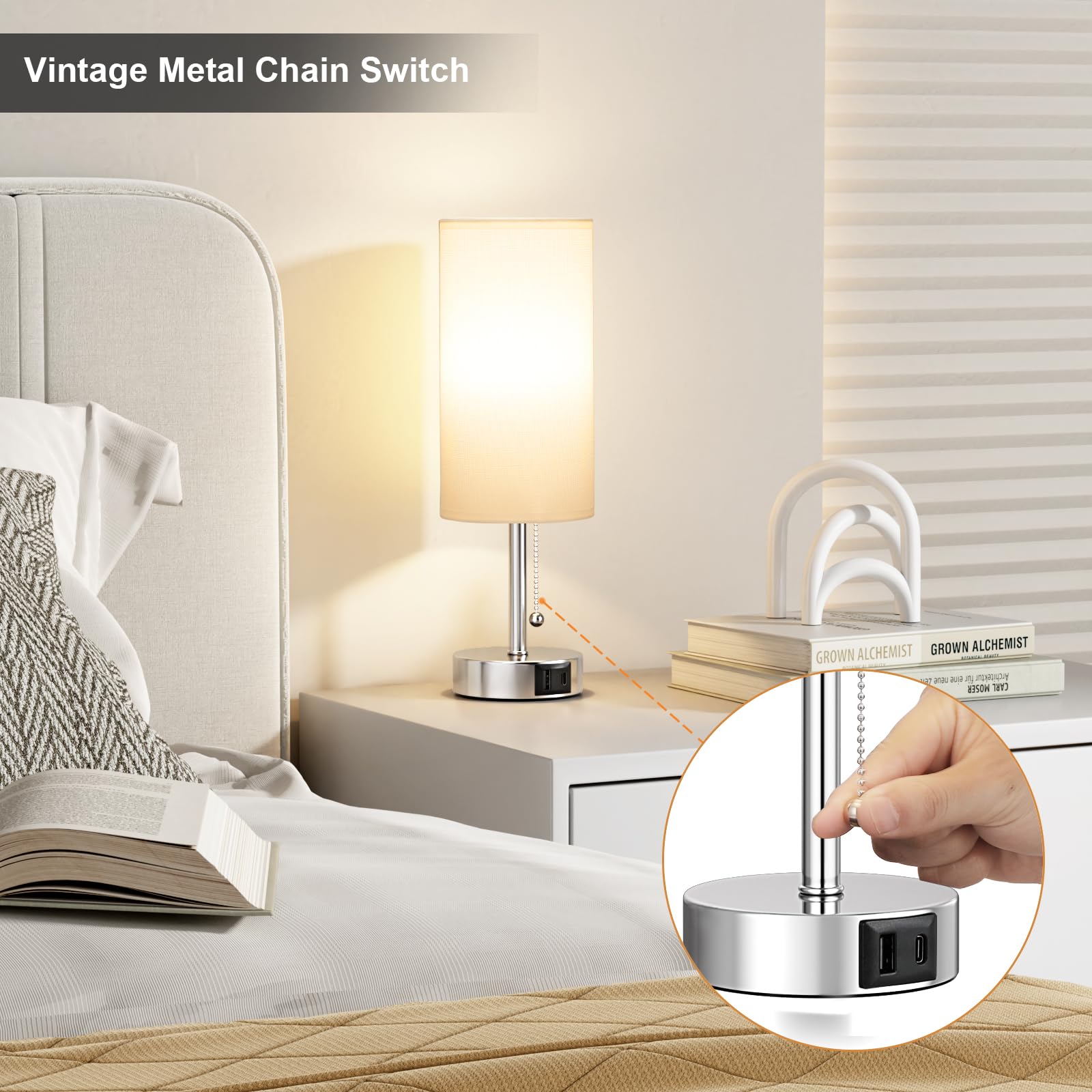 White Table Lamp For Bedroom Nightstand - Small Lamp With Usb A + C Charging Port, 3 Color Temperatures Pull Chain Night Stand L