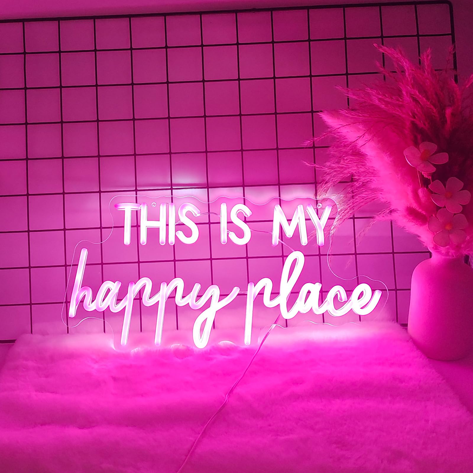Adnkwolivt Neon Sign - This Is My Happy Place, Dimmable LED Light, 16x9 inches, Pink, Model LED-This is my happy place pink