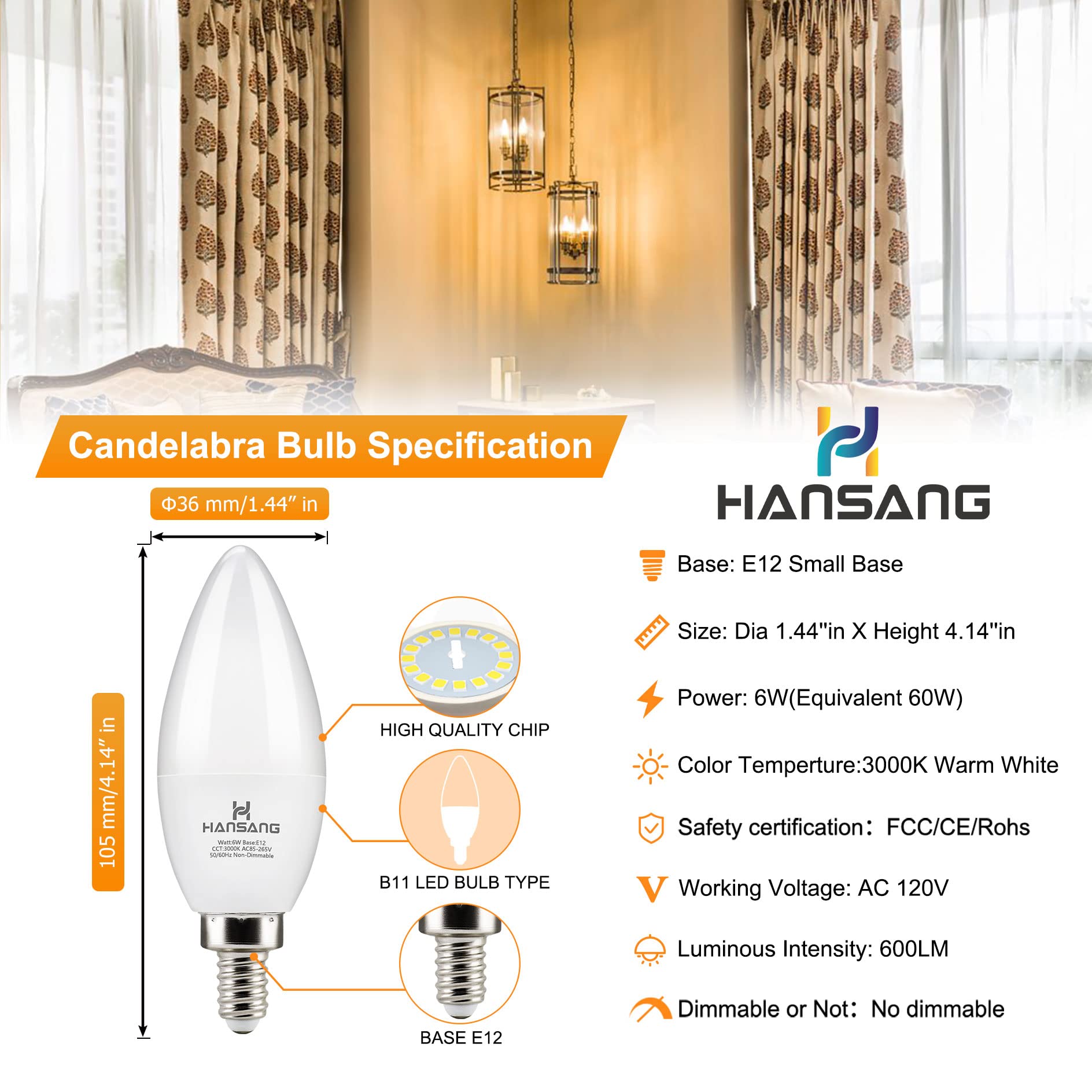Hansang E12 Led Candelabra Bulbs 3000K Soft White 6W 60Watt Equivalent, B11 Ceiling Fan Light Bulbs Small Base, C37 Type B Light