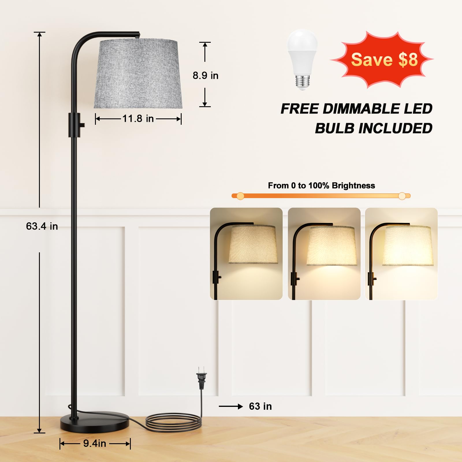 Ambimall Floor Lamp - Fully Dimmable 9W LED, Adjustable Head, Large, Metal, Black and Linen Grey