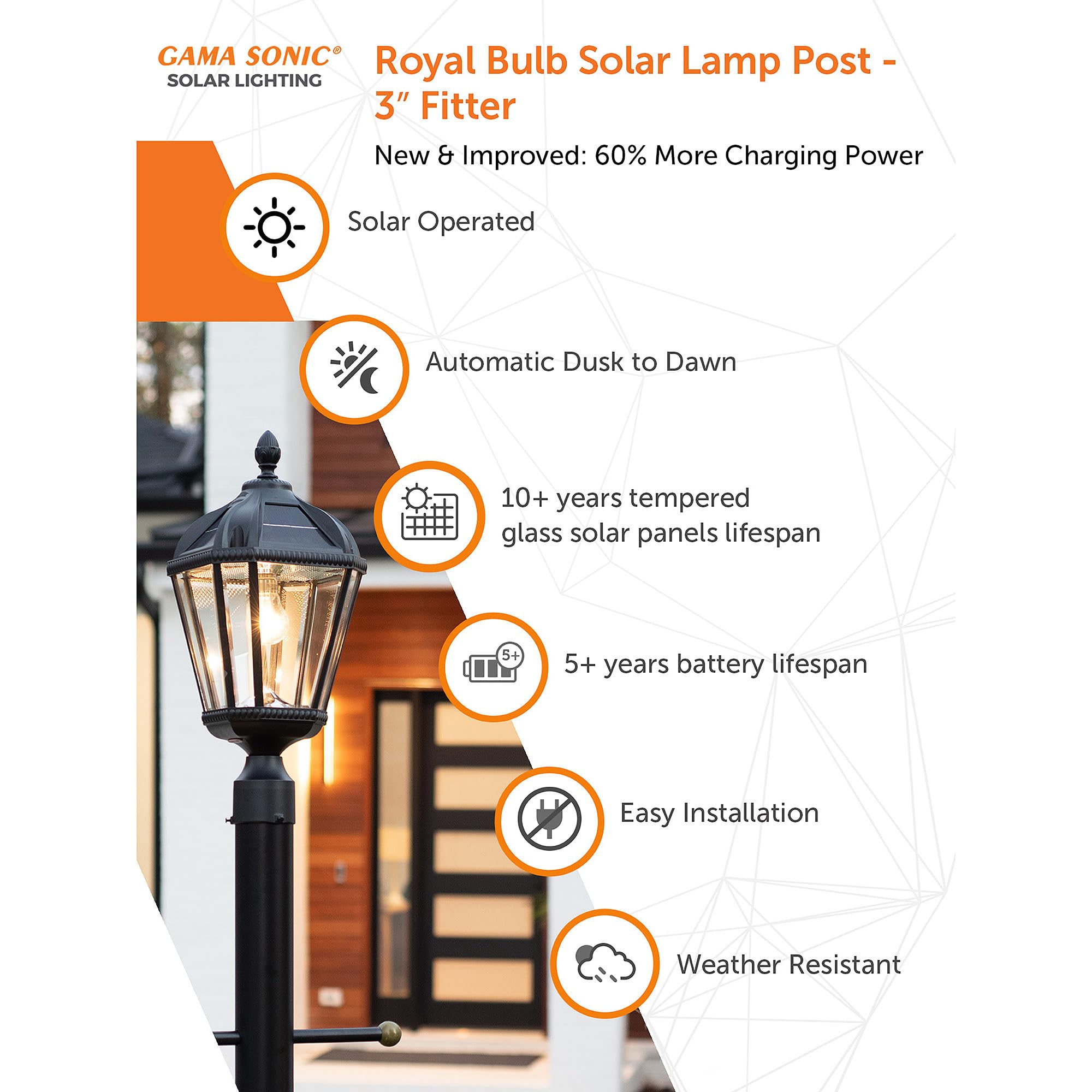 Gama Sonic Outdoor Solar Post Light, Black Aluminum, Royal Bulb, Rain Water Glass, Single Lamp with 3-inch Fitter for Lamp Posts
