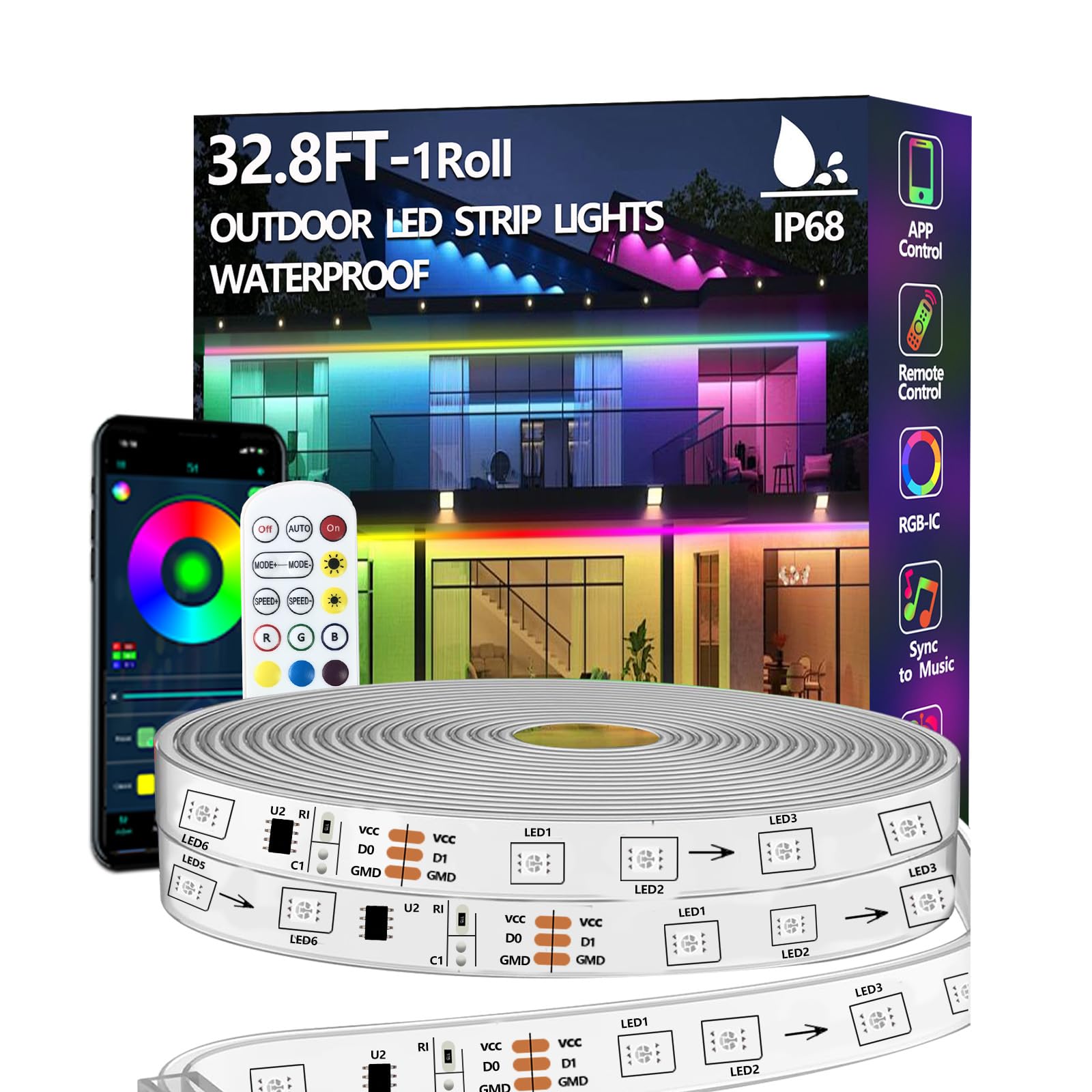 Bvokon 32.8FT IP68 Outdoor RGBIC LED Strip Light, Waterproof with App/Remote Control, Multicolor for Garden, Deck, Pool
