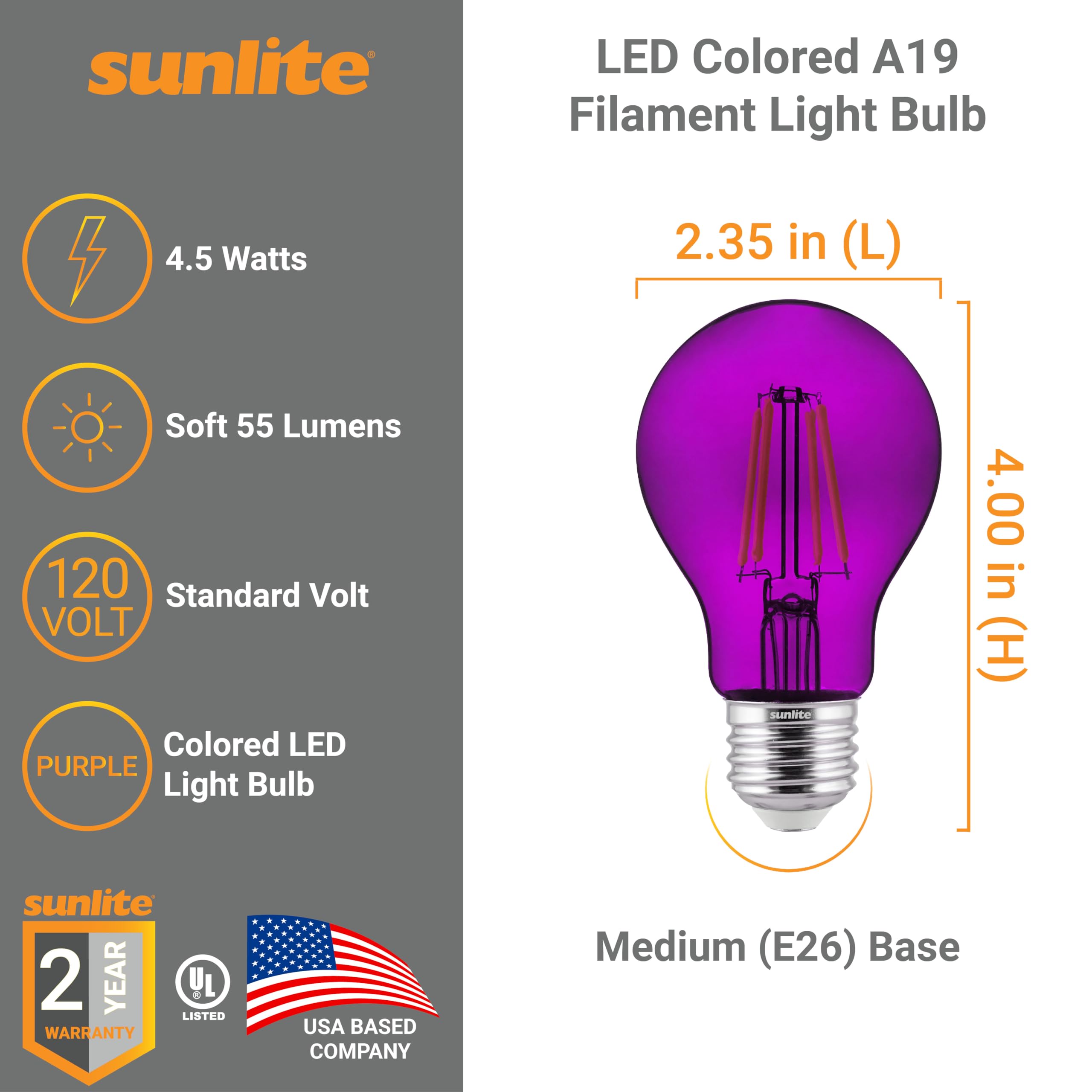 Sunlite 40945 Led Colored Filament A19 Light Bulb, 4.5 Watts, Medium E26 Base, 120 Volts, Transparent Purple, Dimmable, 320 Degr