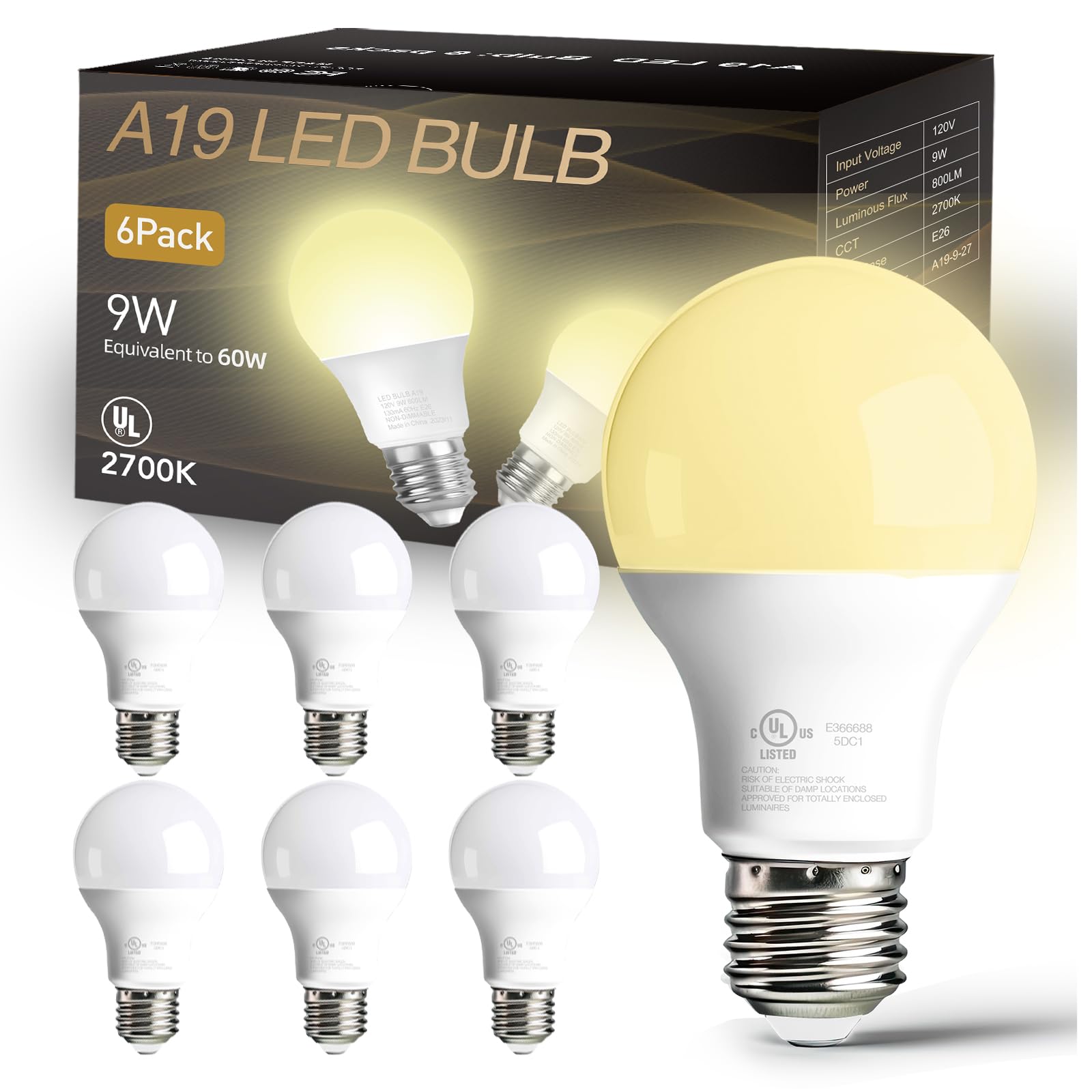 Dalattin 6 Pack A19 Led Bulbs,9W Equivalent 60 Watts,E26 Base,Soft White 2700K,800 Lm,Non-Dimmable,Efficient Energy Saving Light
