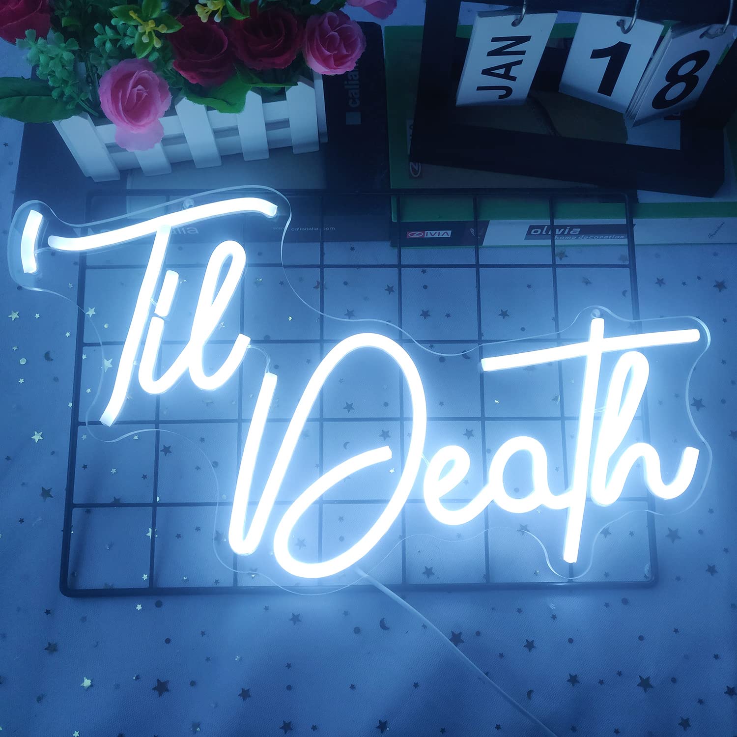 GMMLLG Til Death Neon Sign - Dimmable LED Wall Decor, White Acrylic, Strong Transparent Backboard