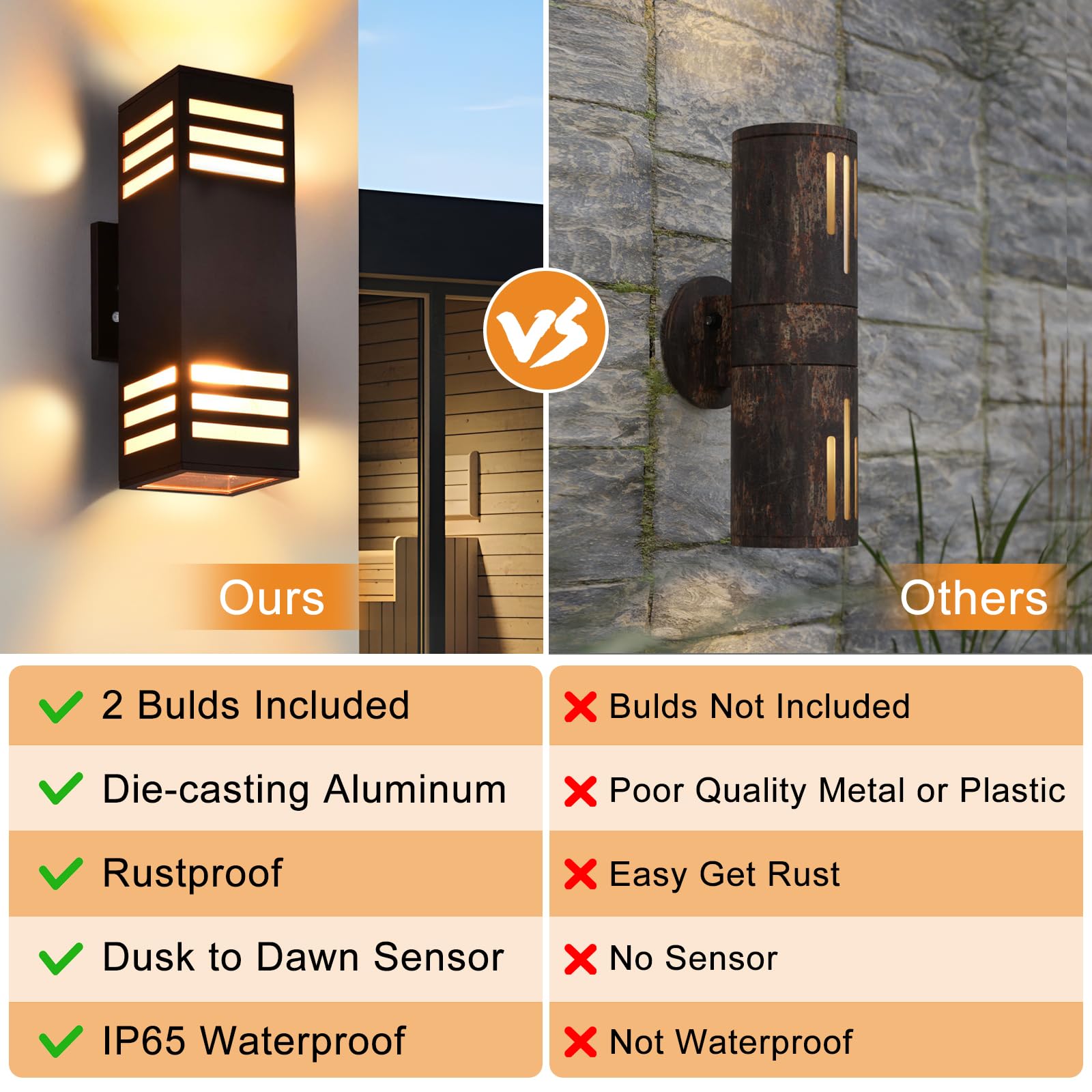 Housen Solutions Led Dusk To Dawn Outdoor Lighting Fixture 2 Pack, Up Down Outdoor Wall Lights With 4 E26 Socket Bulbs, Ip65 Wat