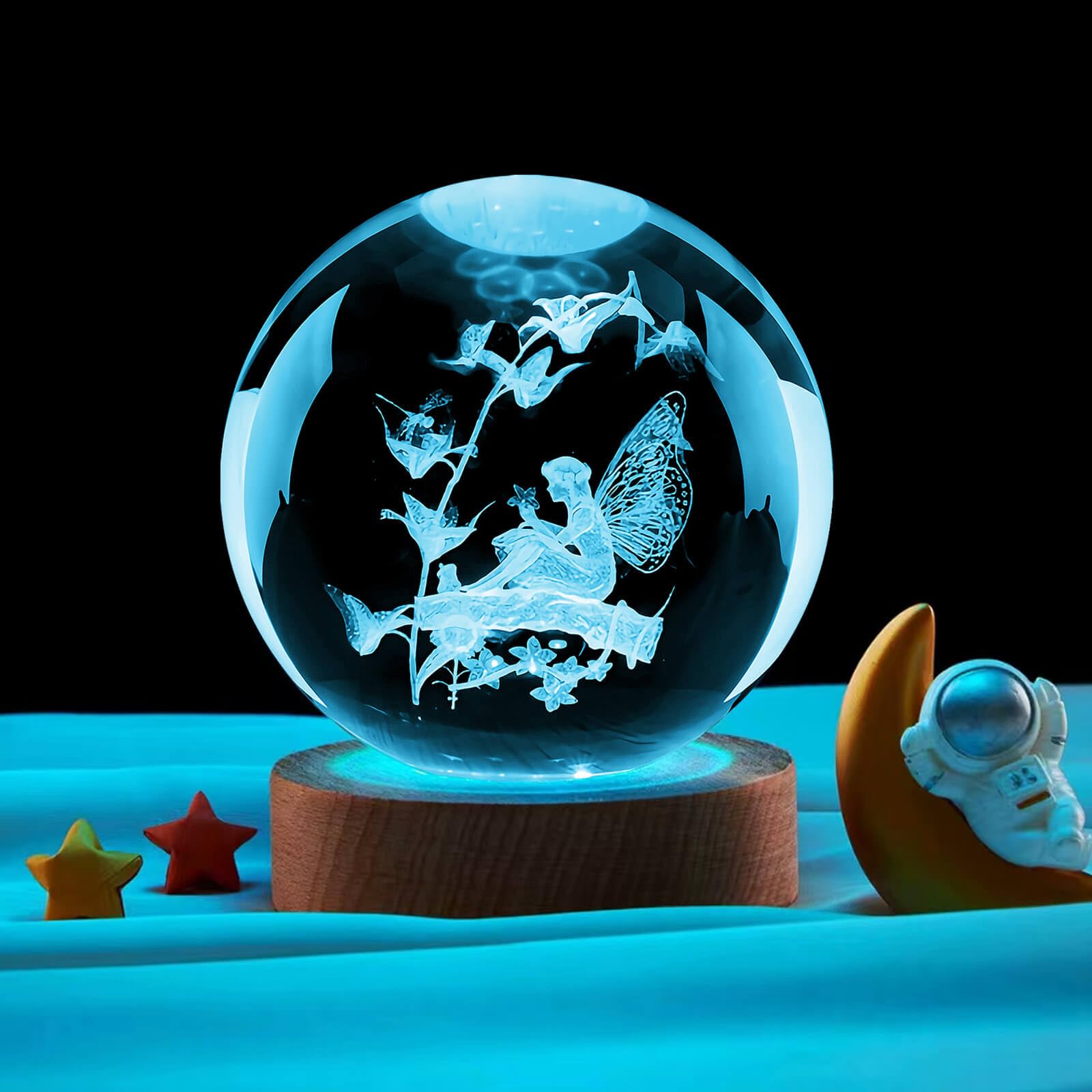 Linsina 3D Flower Fairy Crystal Ball Lamp,60Mm 16 Colors Crystal Ball Night Light With Wooden Base And Remote Control, Fairy Gif