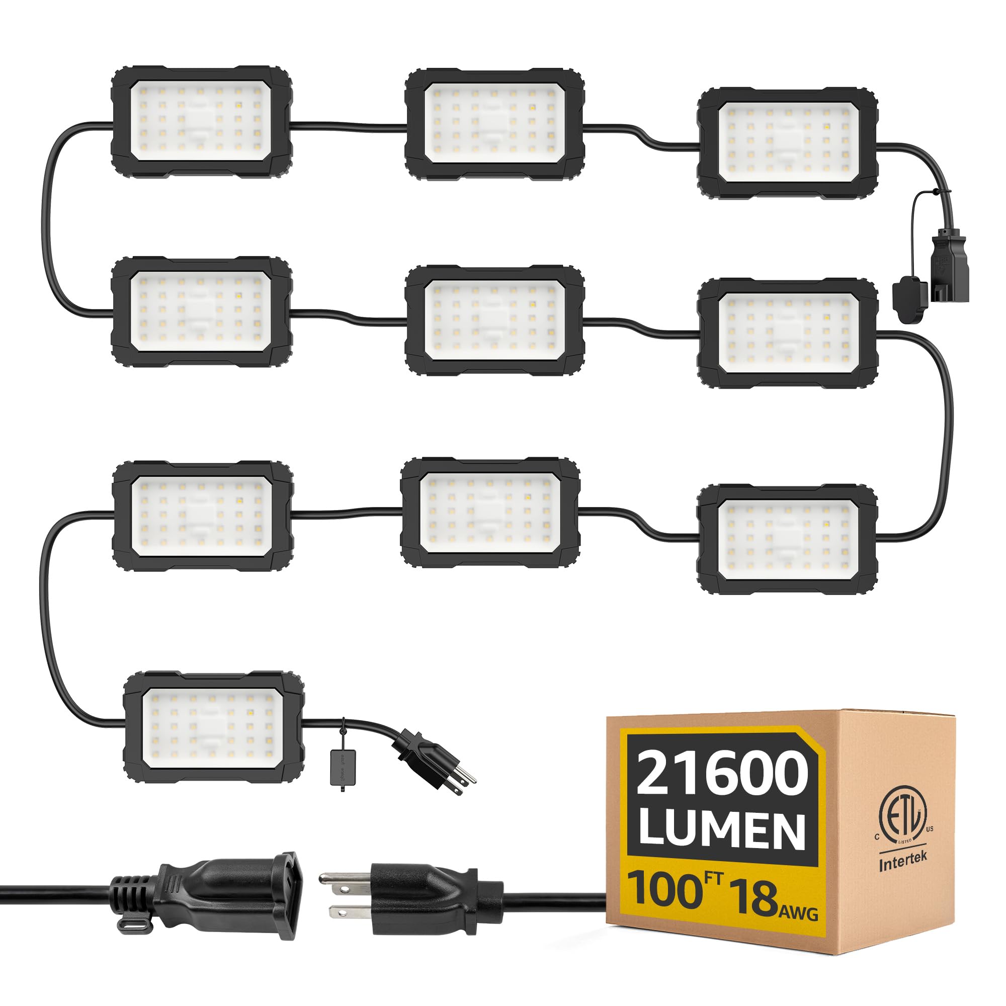 Omlite Led String Lights: 3 Prong 180W Etl Listed Bright Industrial Outdoor Temporary Lighting Hanging Ip65 Waterproof 18Awg Wire Work Construction Light For Attic Jobsite Garage
