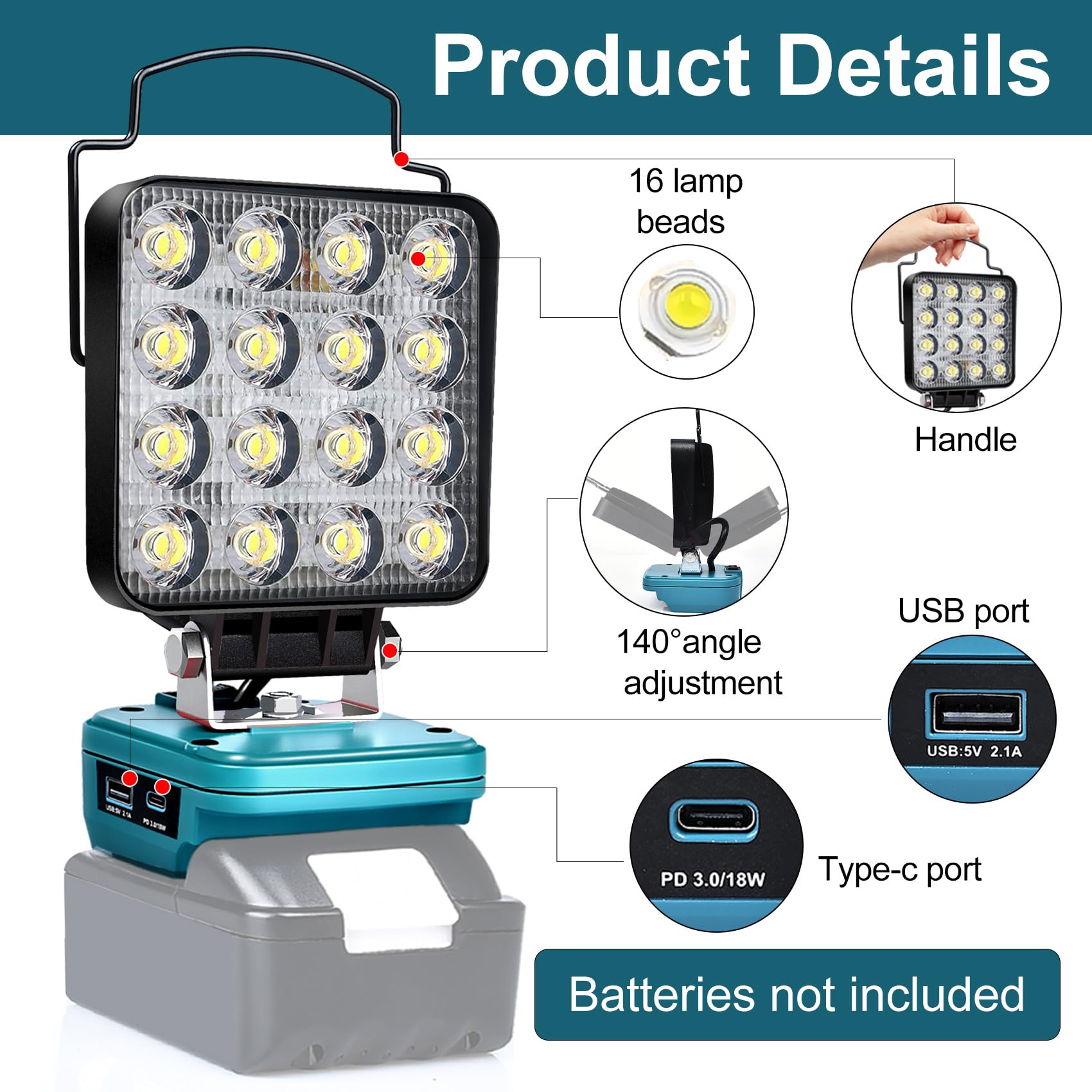 Fiihio LED Work Light for Makita 18V Battery, 48W 3400LM, USB & Type-C Charging, Cordless Handheld Flood Light, Job Site Lighting