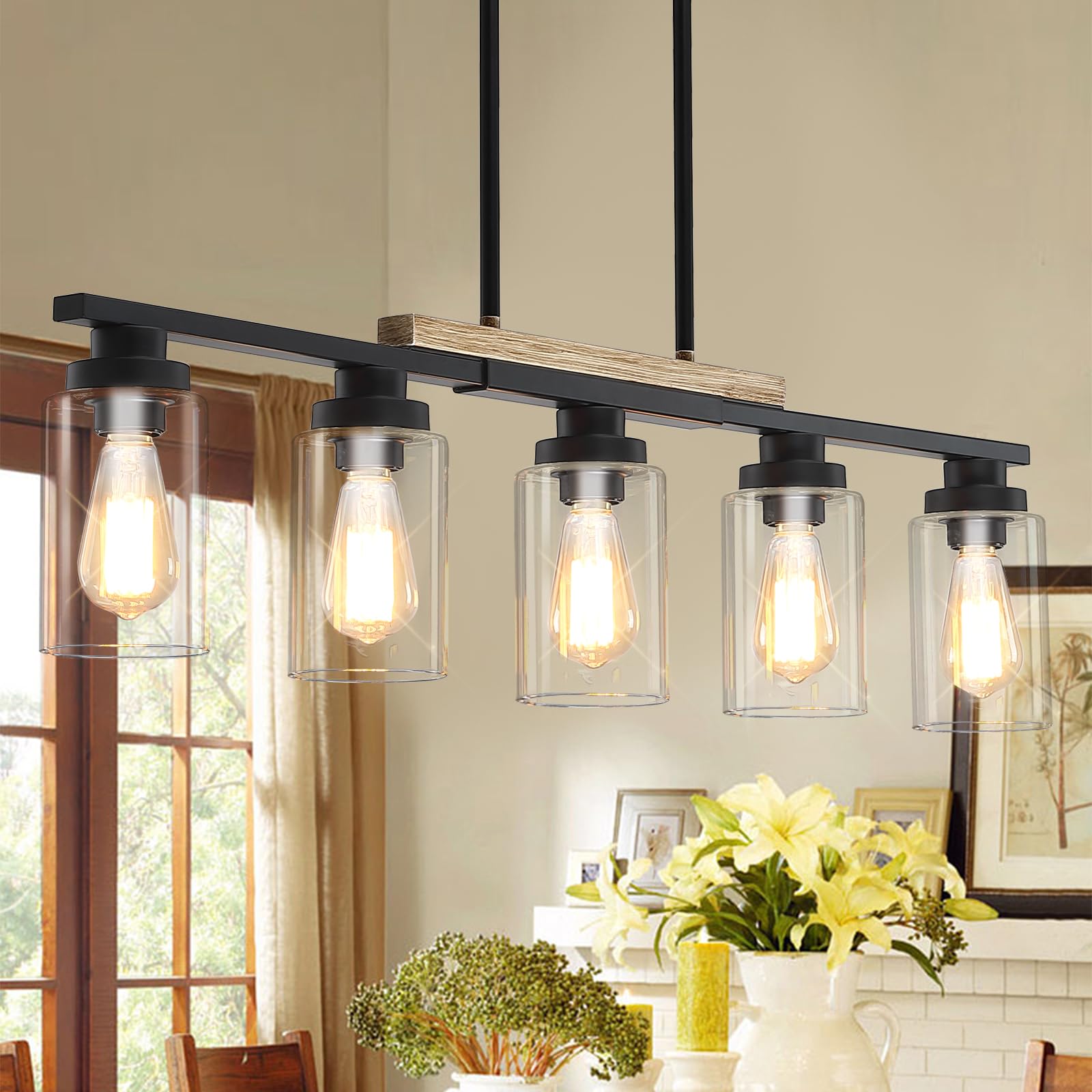 Yusist Farmhouse Kitchen Island Lighting,5-Light Dining Room Light Fixtures Over Table Linear Chandelier Pendant Lighting With Glass Shade And Adjustable Rods For Dining Table Living Room