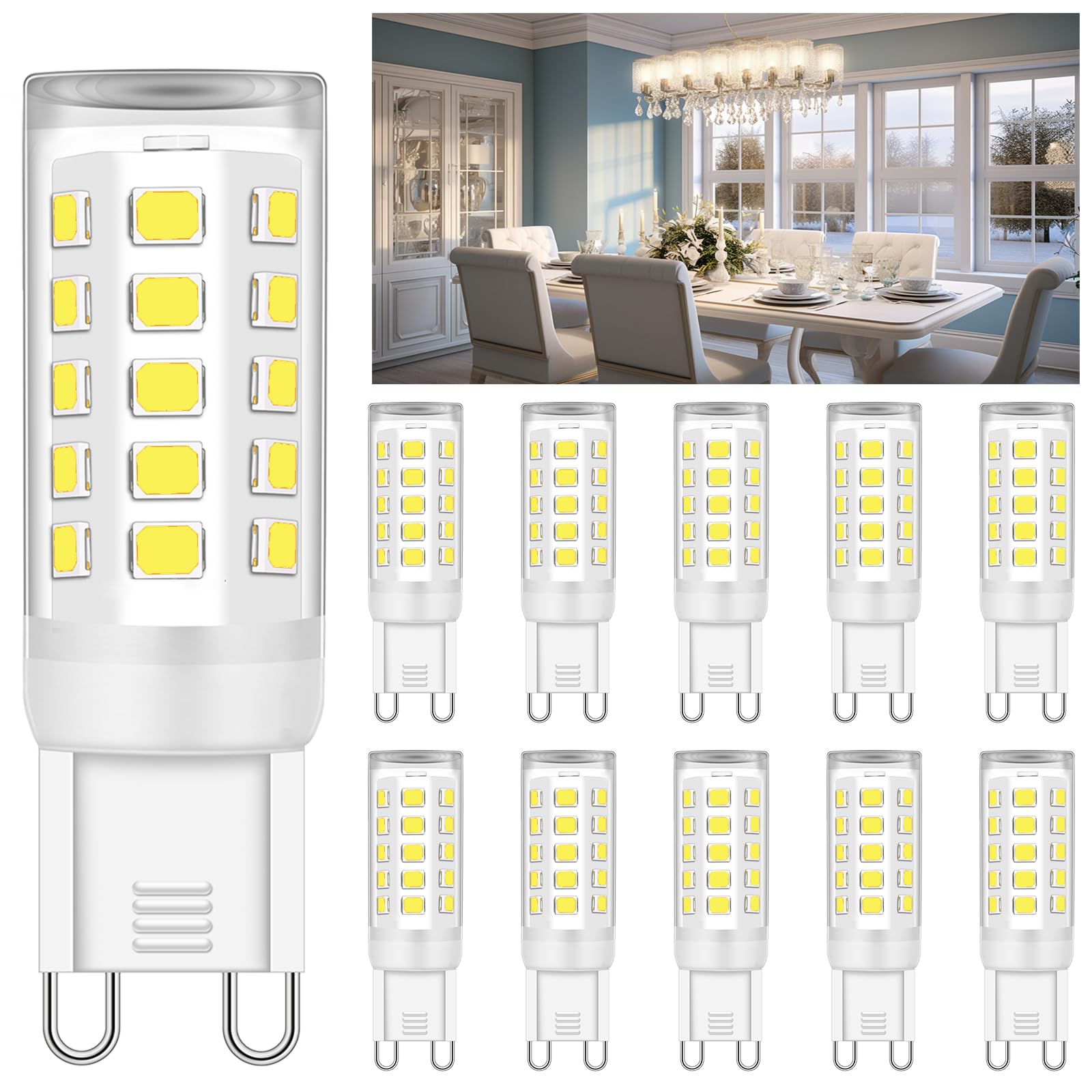 Ugvmn G9 Led Bulb Bi Pin Base 40W Halogen Equivalent Bulbs, 5000K Daylight White T4 G9 Led Llight Bulbs For Chandelier, 10 Pack