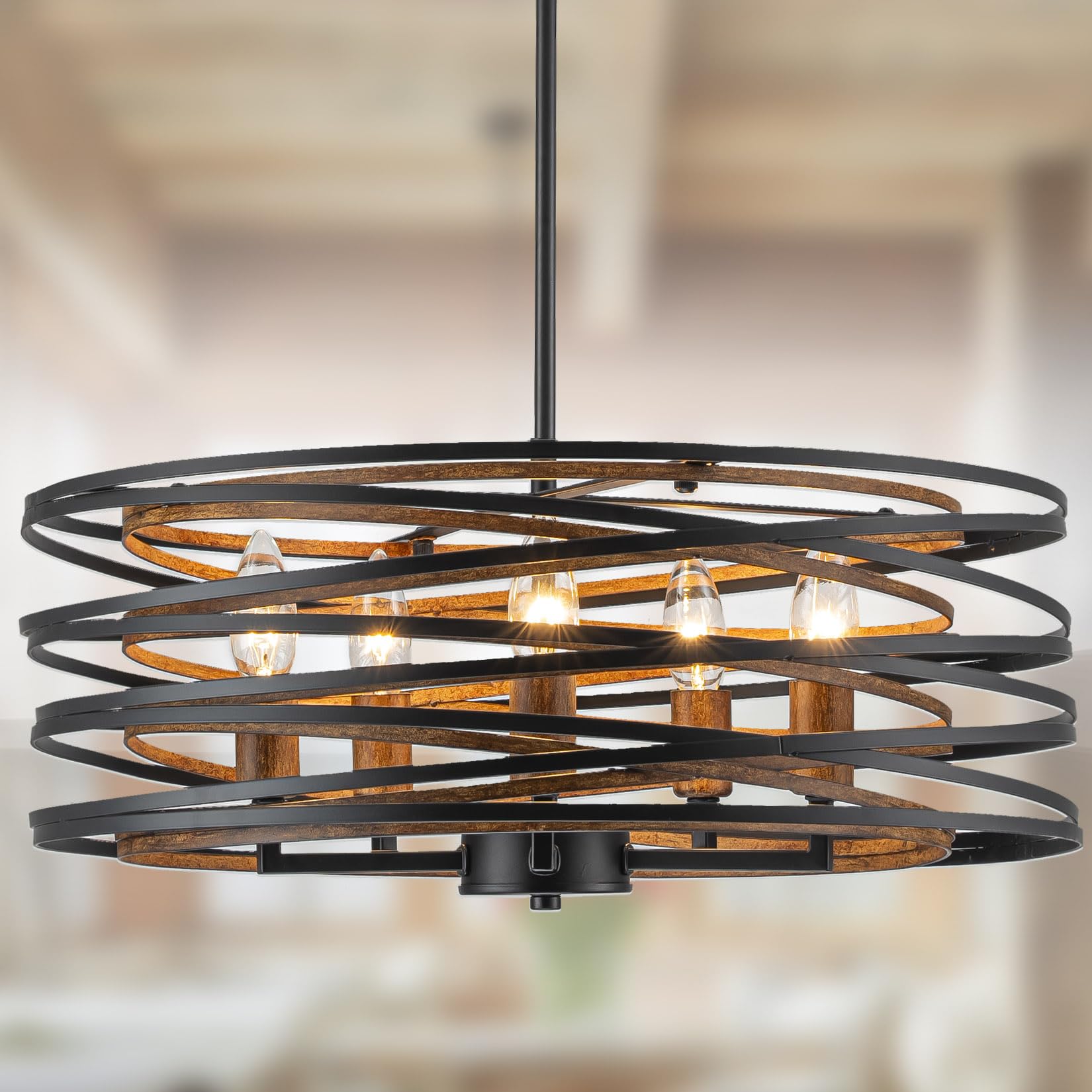 Bargeni Chandeliers,20 Inch Dining Room Light Fixture,Matte Black Dining Room Chandelier With Wood-Like Interior,5-Light Farmhou