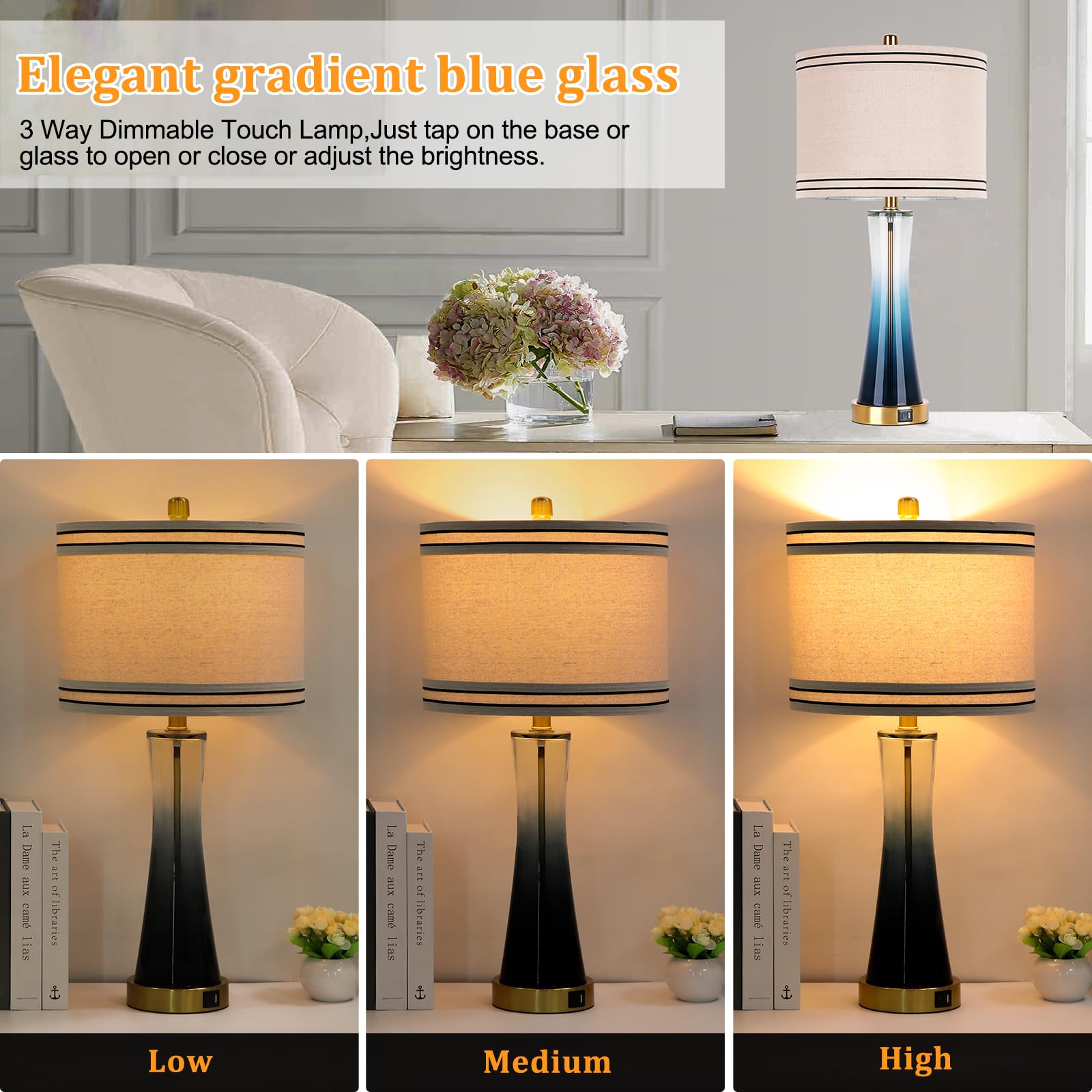Dott Arts 27.4in Glass Bedside Lamps Set of 2, 3-Way Dimmable with USB Ports, Touch Control, Blue, Model TLA-9W-01