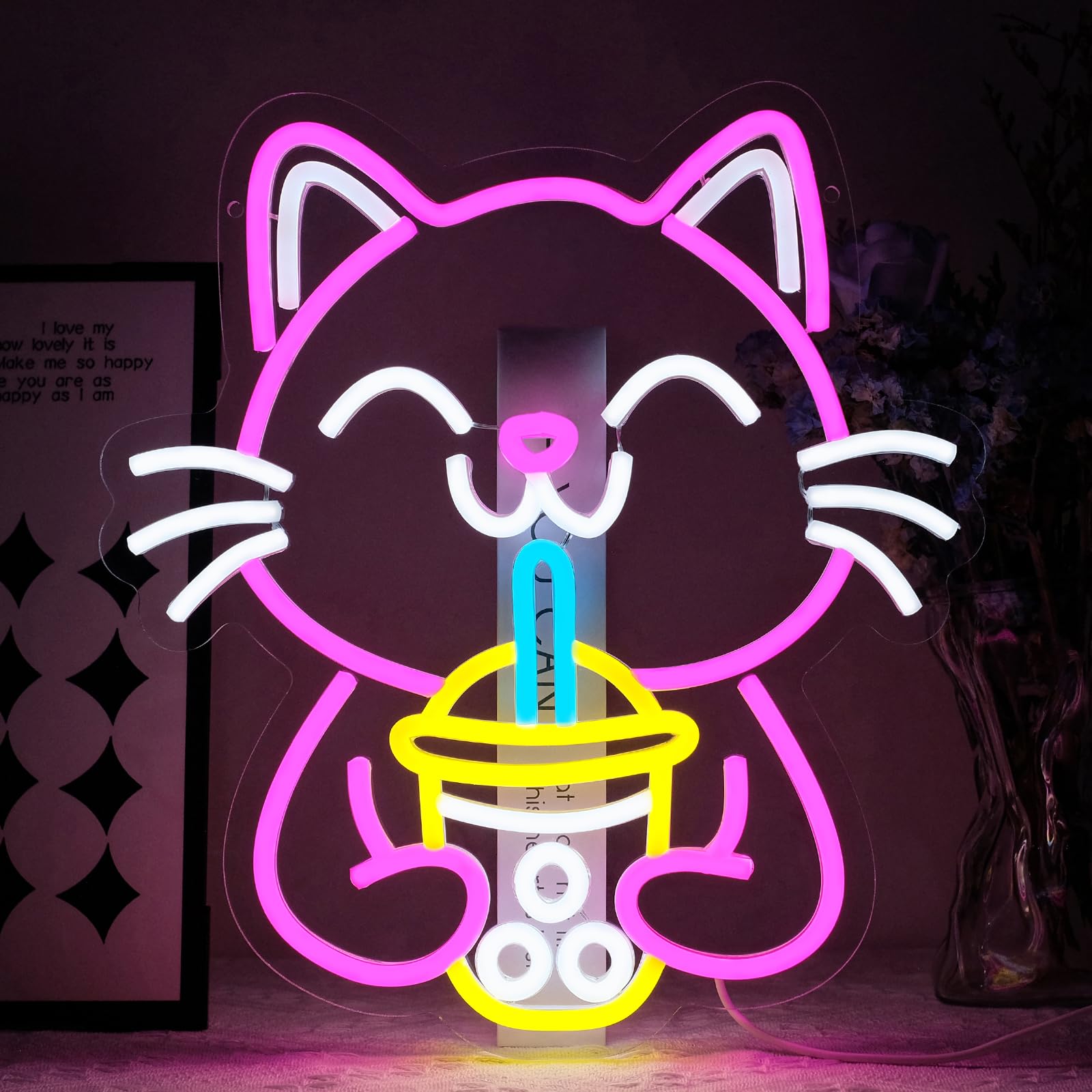 Virlusy Cat Boba Tea Neon Sign, Dimmable LED Light for Wall Decor, Medium Acrylic, Pink Yellow White, Model YL-Boba Cat