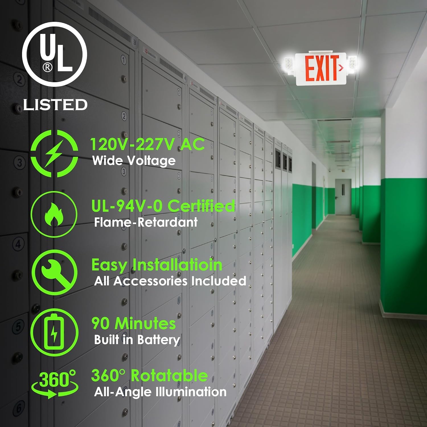 Gruenlich Led Combo Exit Sign, Emergency Light With 2 Adjustable Heads And Double Face, Back Up Batteries- Us Standard Red Lette