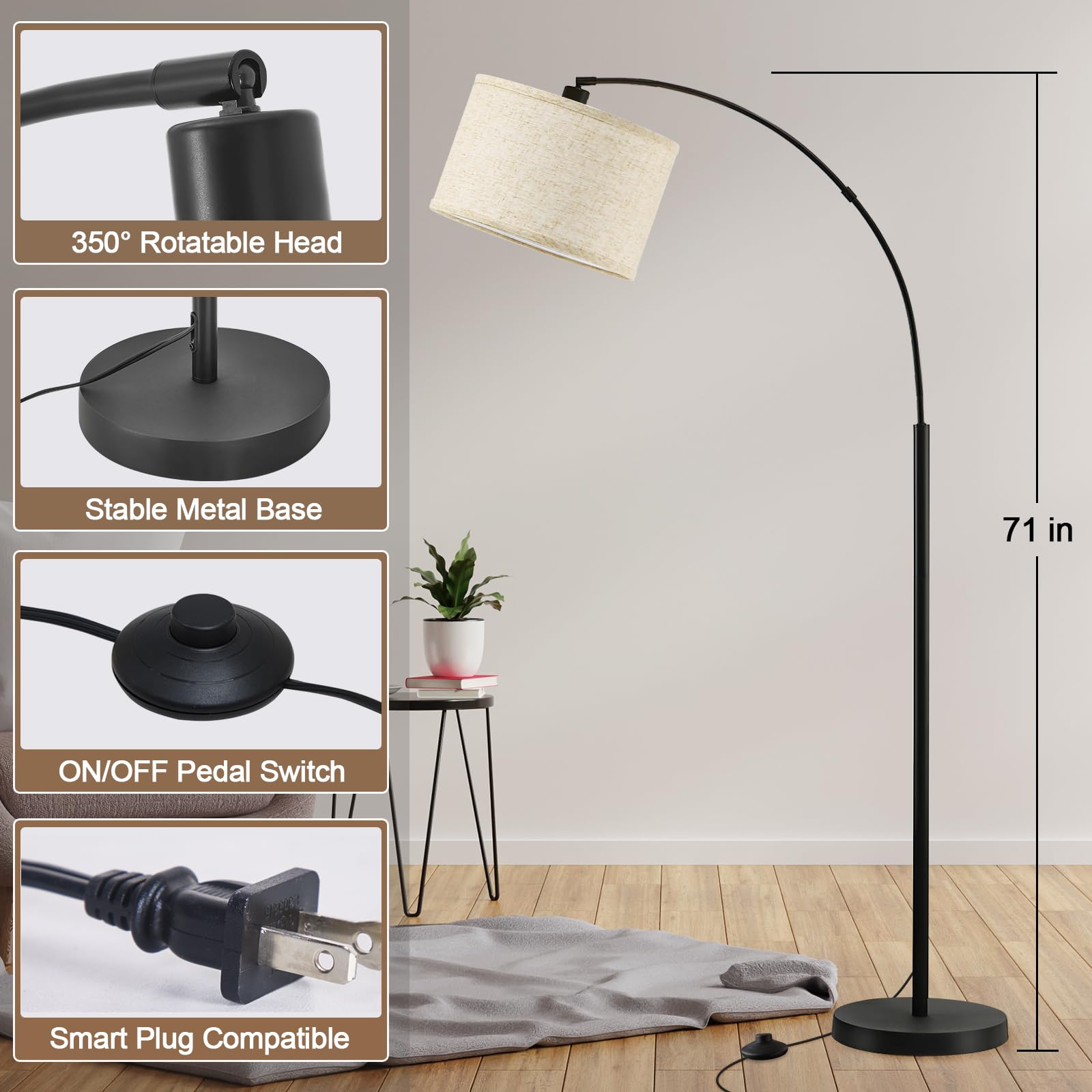 Luvkczc 71'' Arc Floor Lamps For Living Room, Standing Lamp With Adjustable Head, Tall Pole Lamp With Foot Switch, Arched Readin