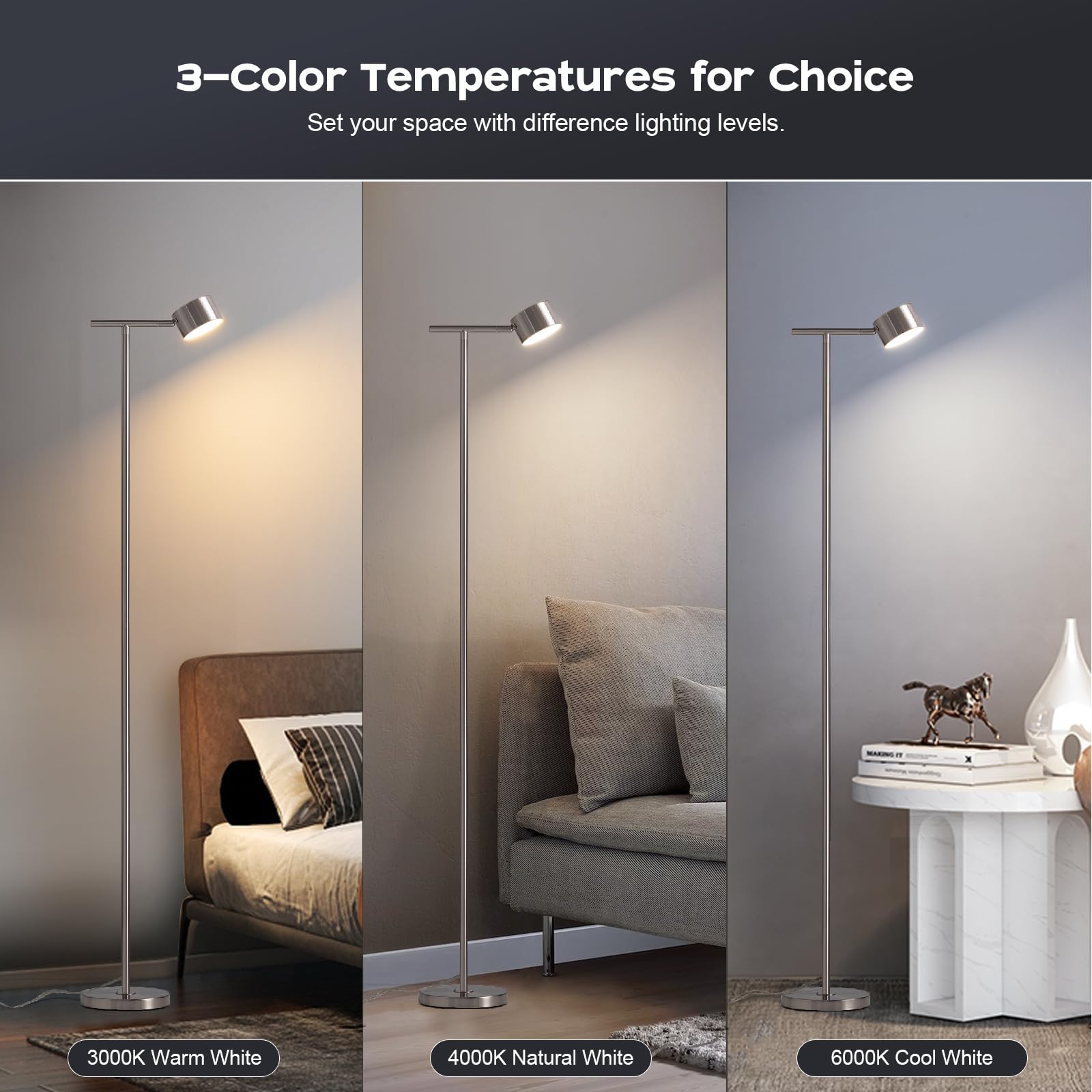 Figdifor Silver Floor Lamp, 3 Color Temperatures, Modern Reading & Working Light, Flexible Design