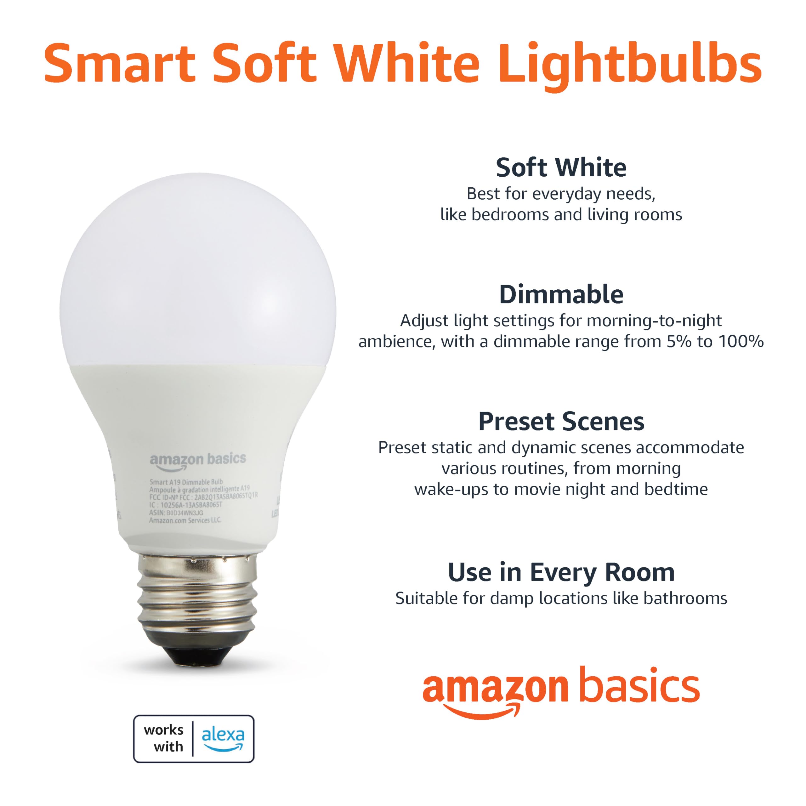 large online retailer Basics Smart A19 LED Light Bulb, Dimmable, 9W (60W Equivalent), 800LM, 4 Pack, Soft White, Works with Alexa, No Hub Required