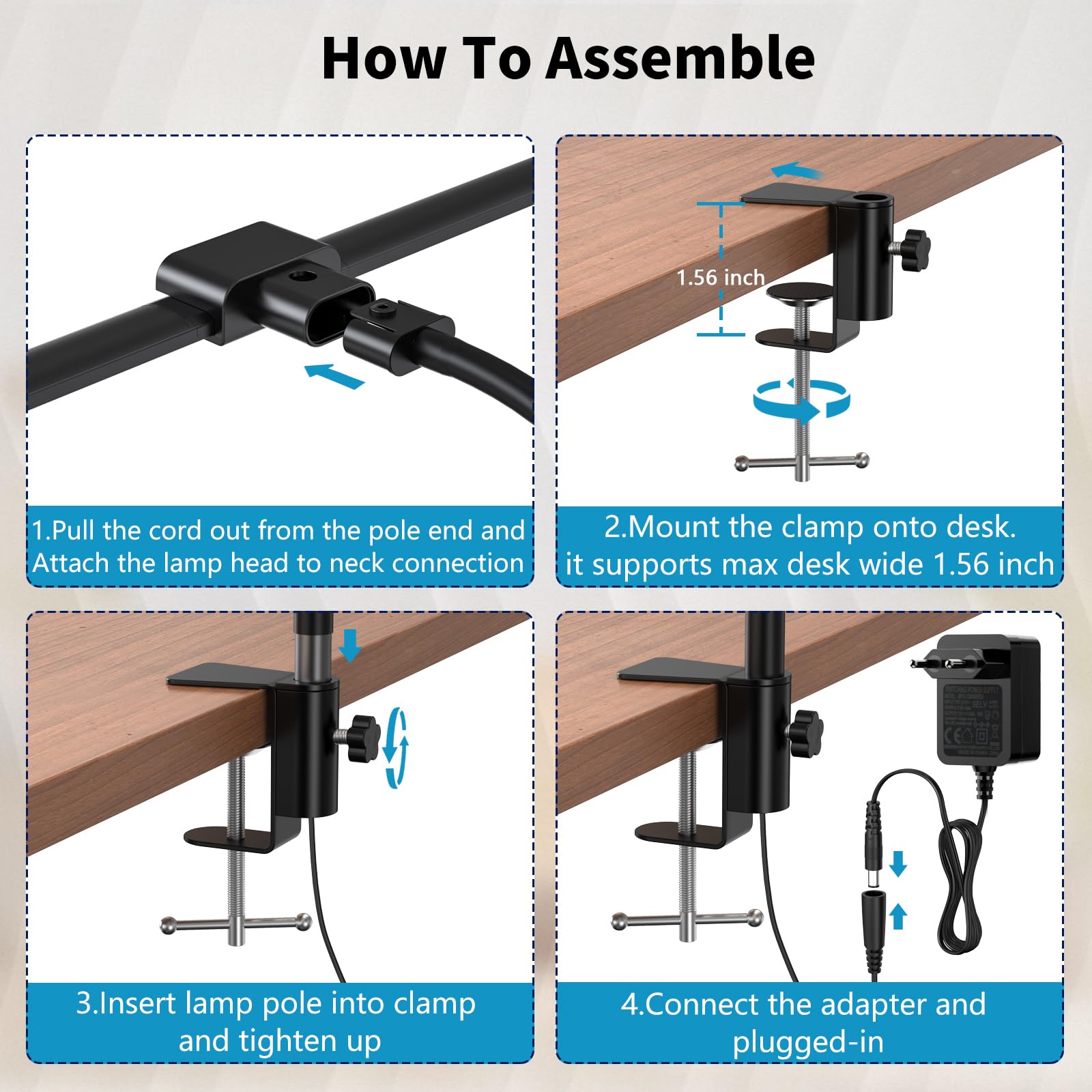 KableRika Double Head LED Desk Lamp, 4-Brightness & 4-Color, Aluminum, Black, Model KB-24V-670