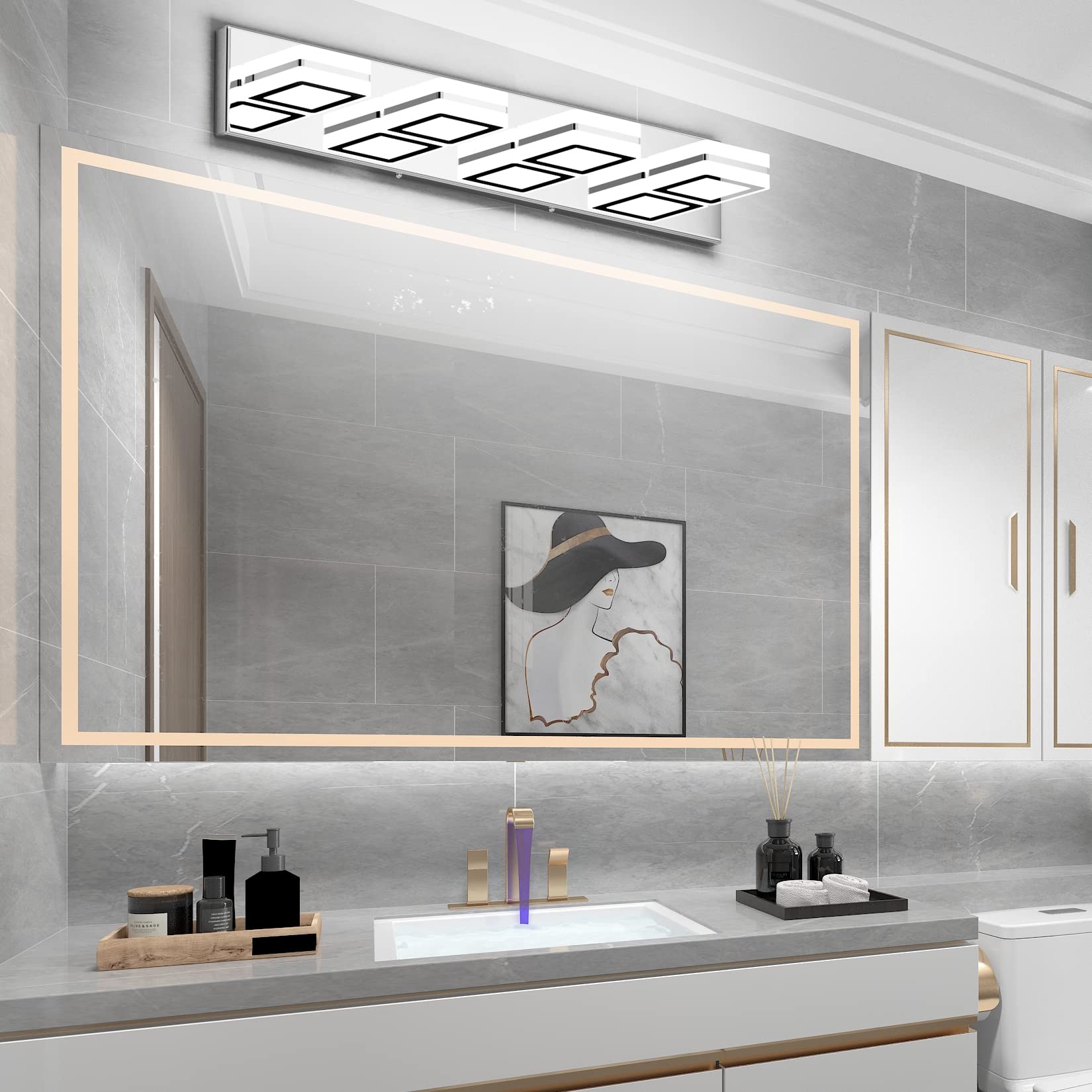 Ralbay Modern LED Bathroom Vanity Lights, 4 Light, Chrome, Stainless Steel, Model 8596, Rotatable Over Mirror Lighting