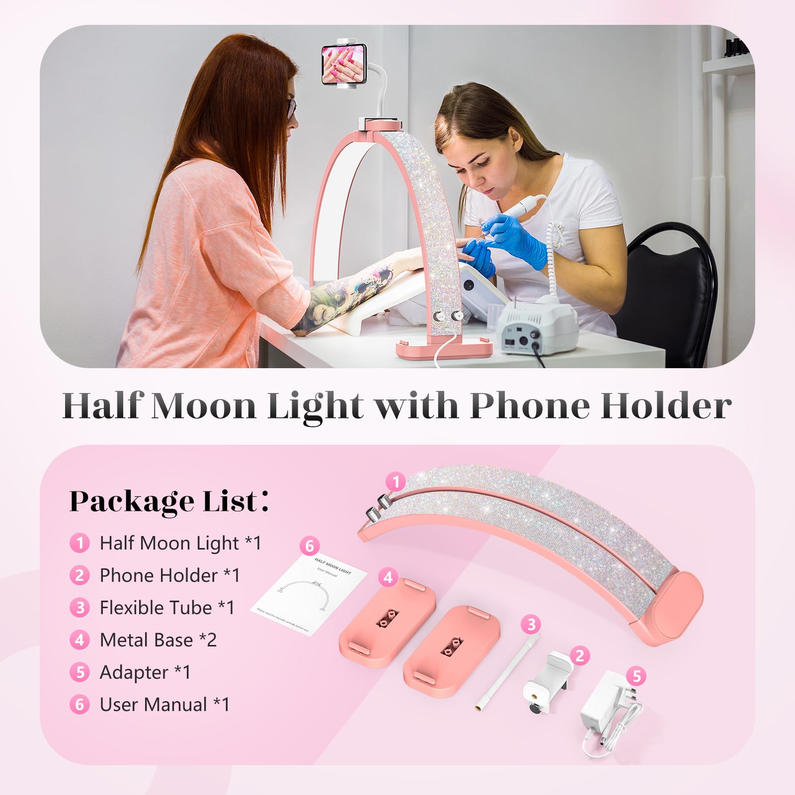 LIONVISON Half Moon Light - 48W LED Lamp with Phone Holder, Pink, 30 inch, Aluminum, Model 0002, Foldable for Nail and Eyelash Tech