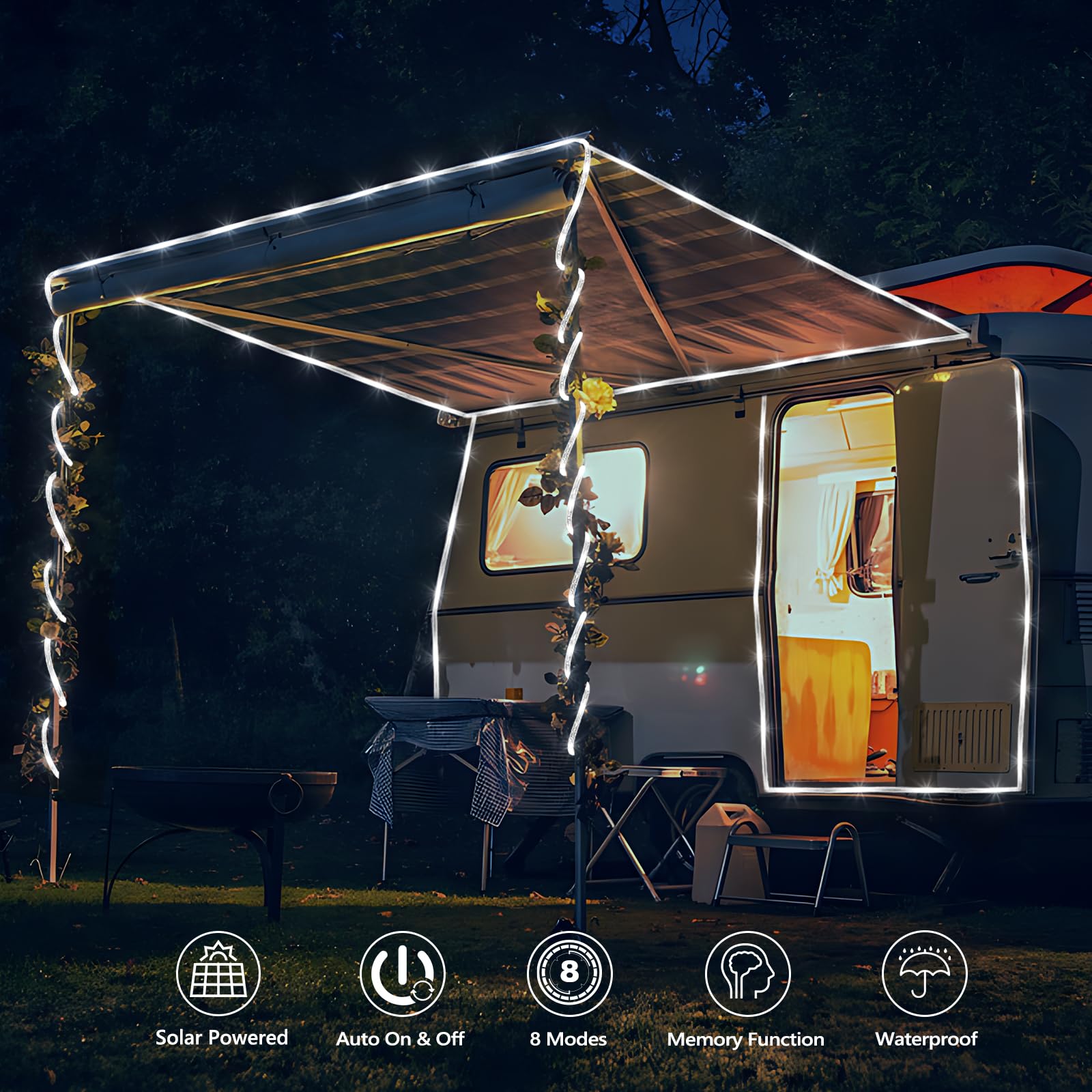 Solar Rope Lights, 2 Packs 66Ft 200Led Solar String Lights, 8 Modes Waterproof Solar Powered Outdoor Lights, Flexible Clear Tube