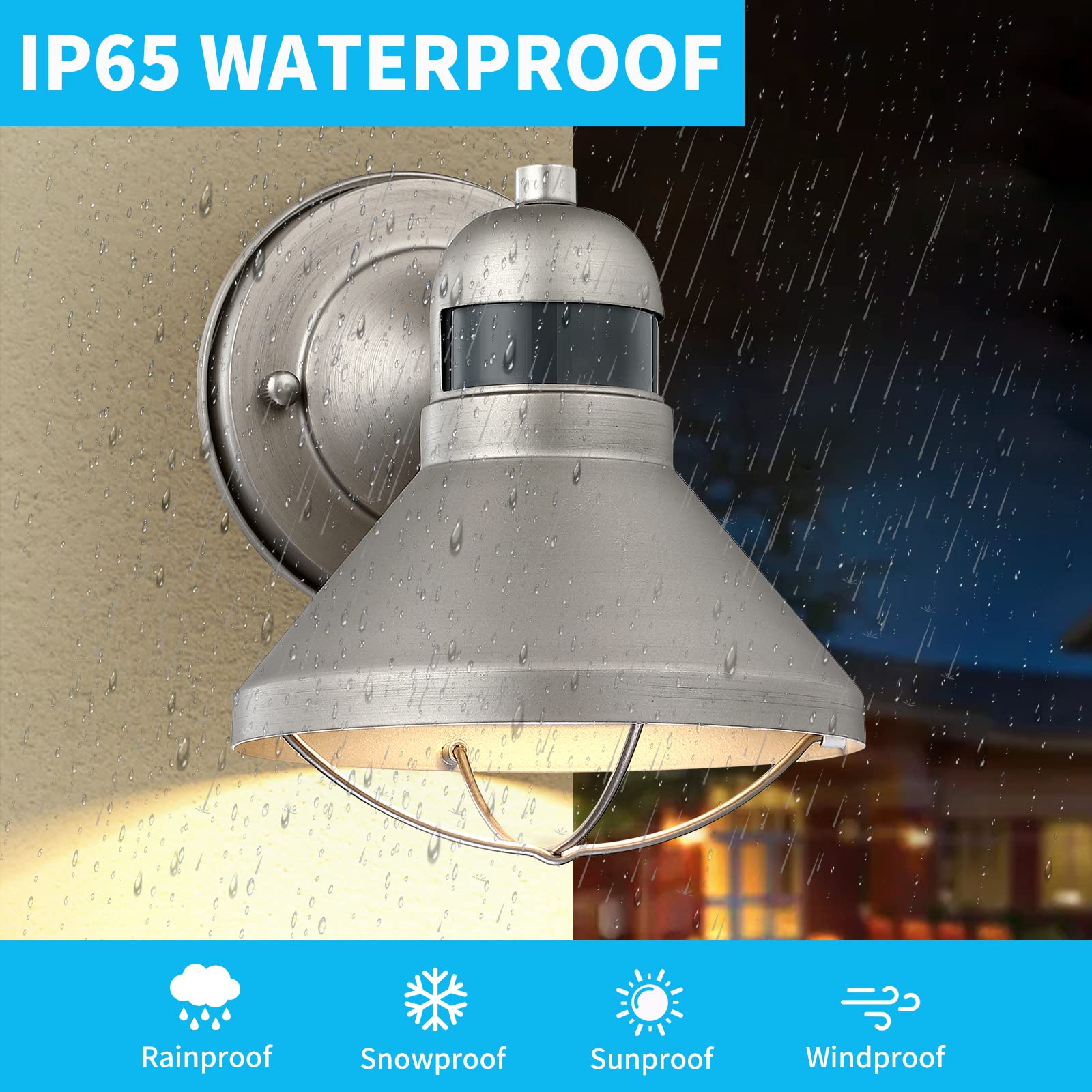 LONEDRUID Motion Sensor LED Wall Sconce - Waterproof Metallic Barn Light for Outdoor Porch, Garage, Entryway