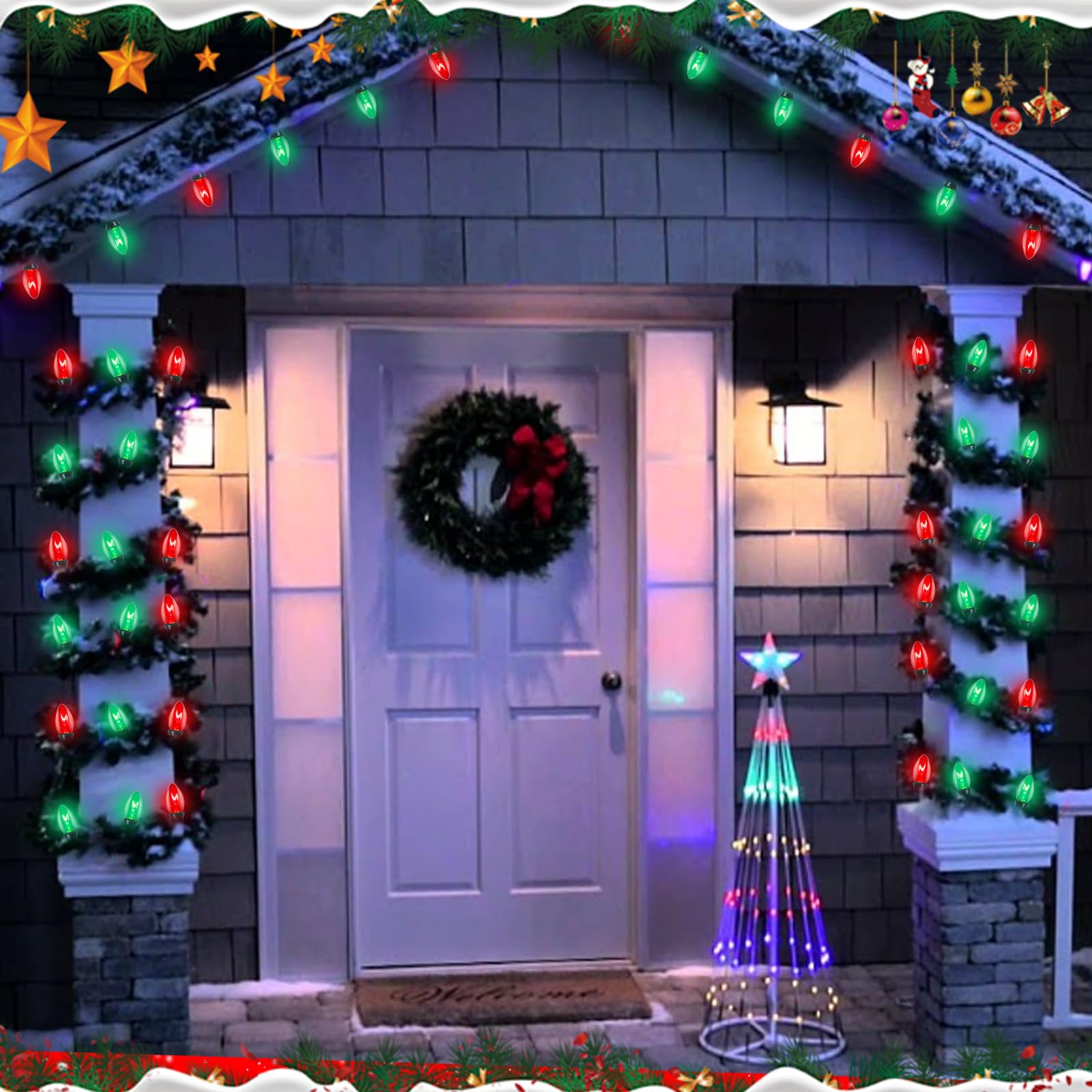 C7 Red Green Christmas Lights Outdoor, 25Ft Vintage Christmas String Lights With 27 Clear Red Green Ceramic Bulbs, Waterproof Co