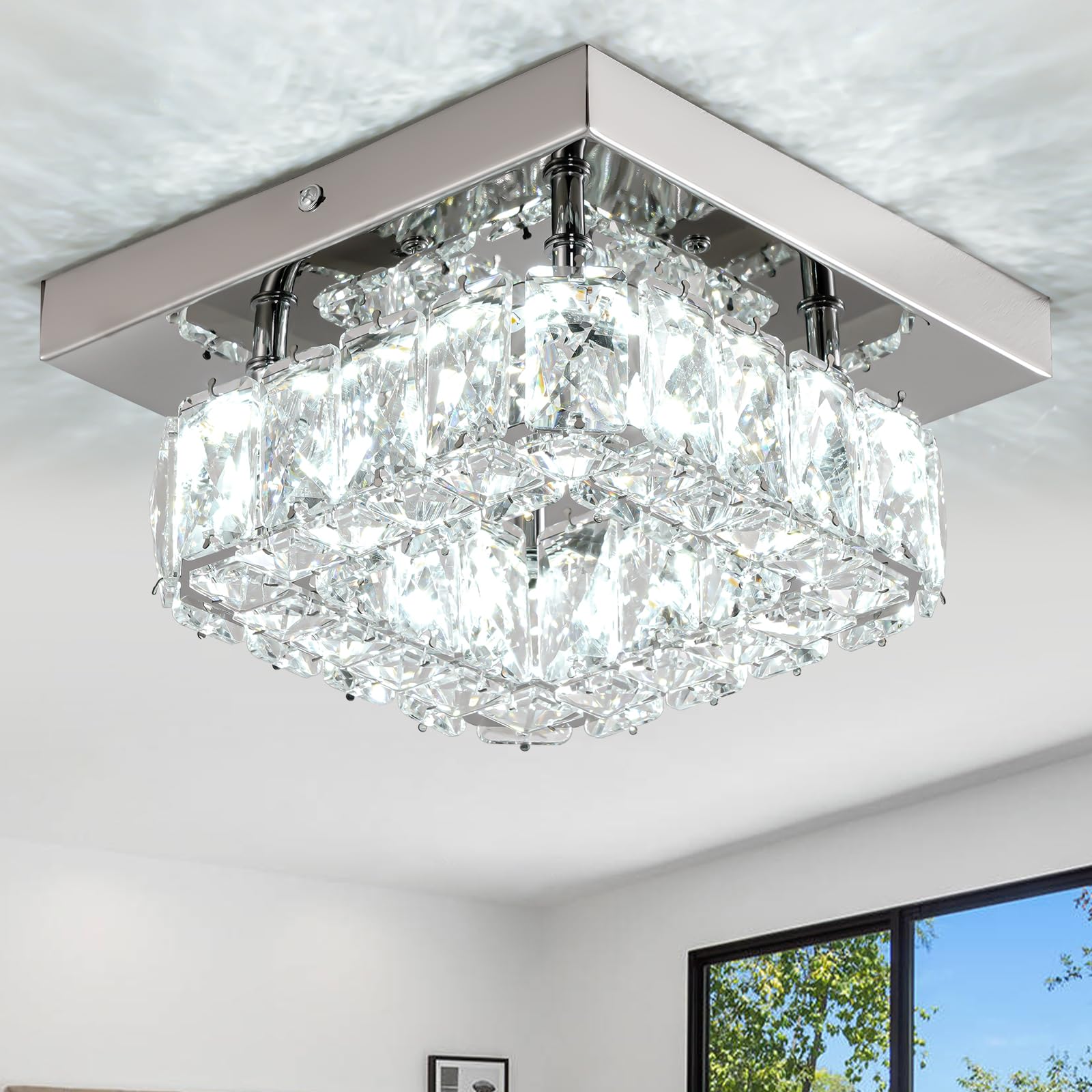 LEONTYNE Mini Modern Crystal Chandeliers Flush Mount Ceiling Light 7.9 inch Square LED Crystal Chandelier Fixture for Hallway Fo