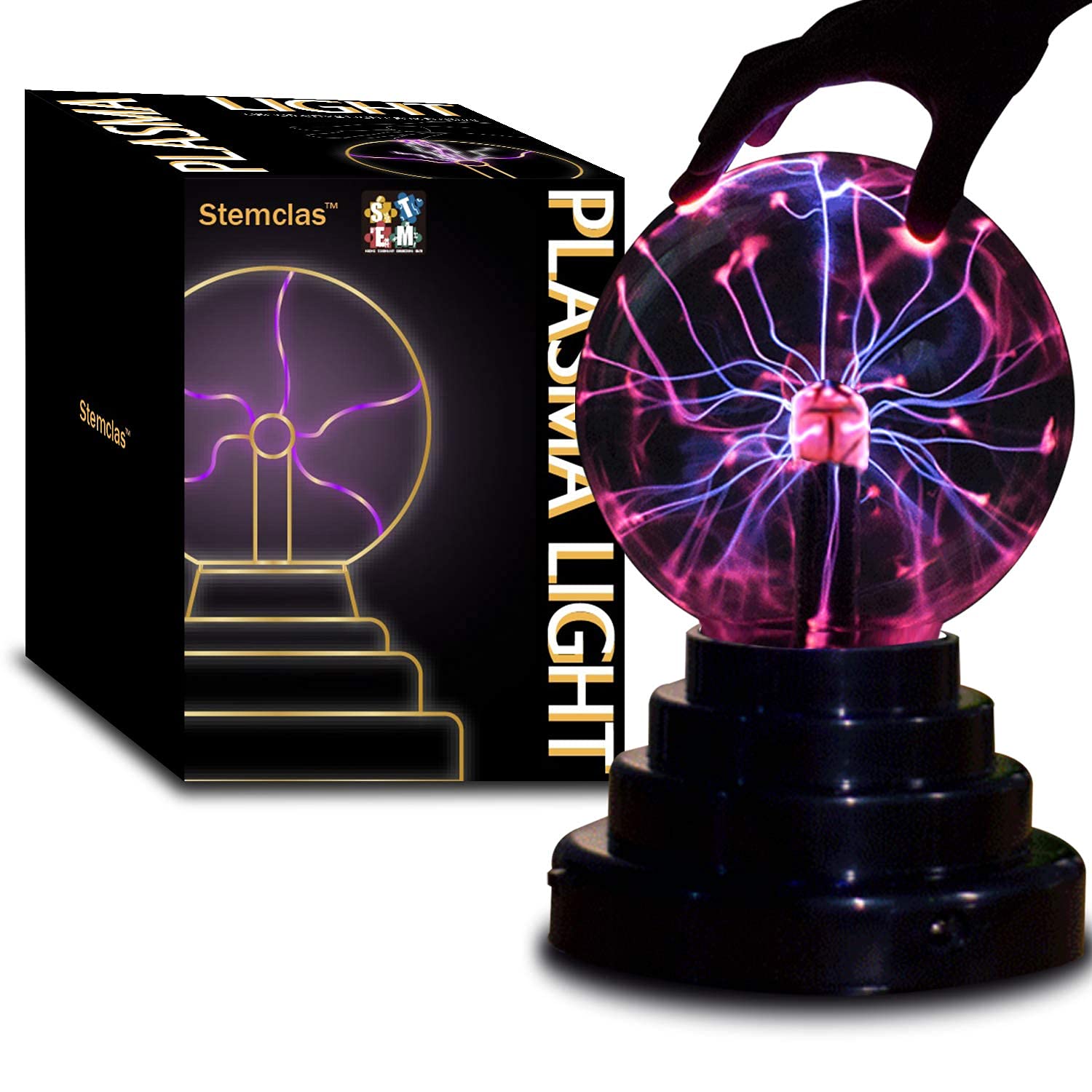Stemclas Plasma Ball Light, 3 Inch Touch Sensitive USB Powered, Black Plastic Electric Lightning Globe