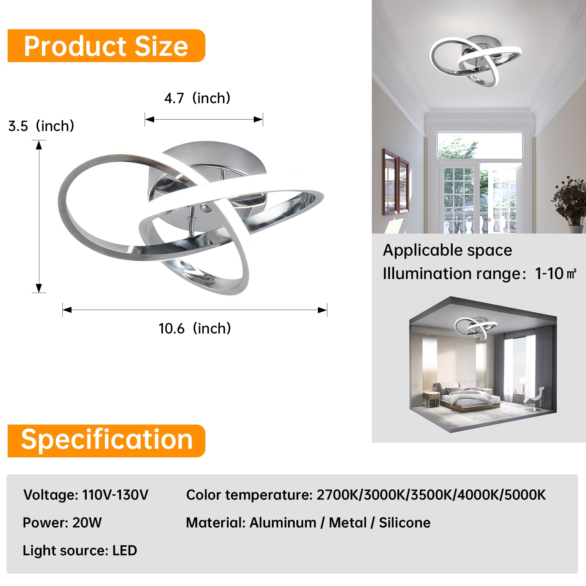 Ajbvp Modern Ceiling Light Fixture, LED Dimmable, Chrome, 20 Watt, 5CCT (2700K-5000K) for Bedrooms, Hallways, Bathrooms