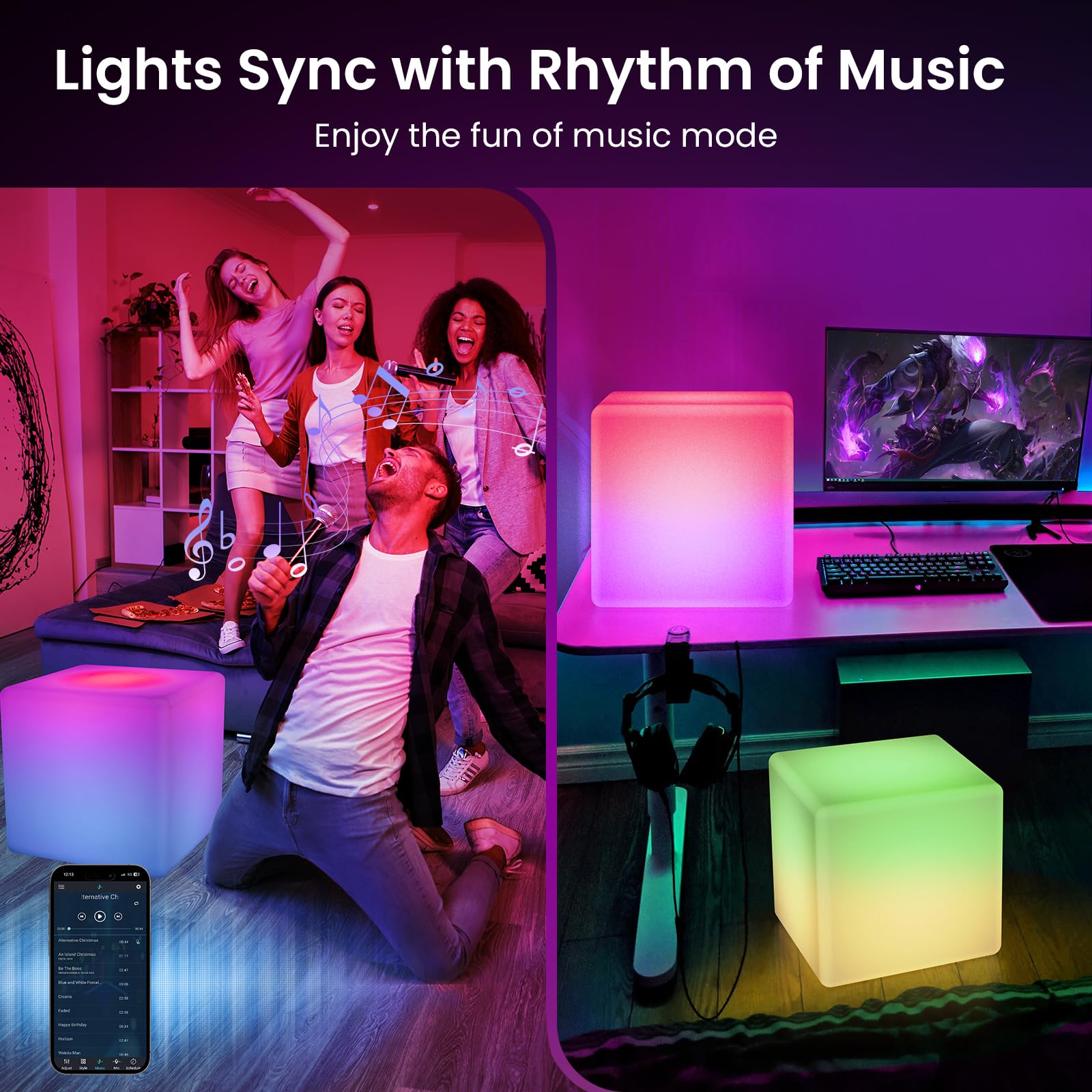 Loftek 12-Inch Smart Cube Lights: Rgbw+Ic 16 Million Colors Changing Led Furniture Night Light With App, Music Sync & Timer Floo