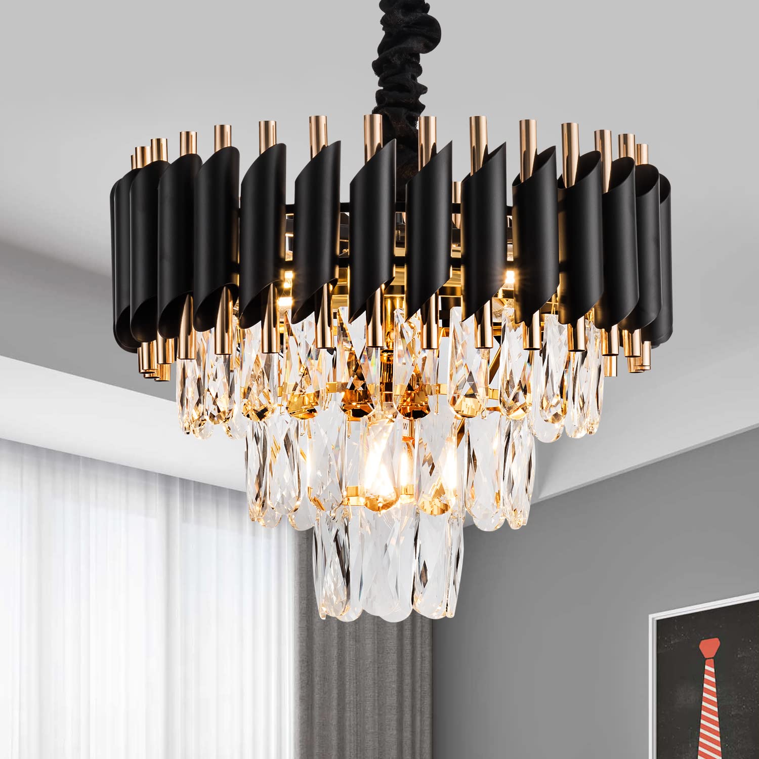 lighceac 15" 5-Light Modern Crystal Chandelier - Black Gold 3-Tier Luxury Pendant Lighting for Dining Room, Living Room, Kitchen
