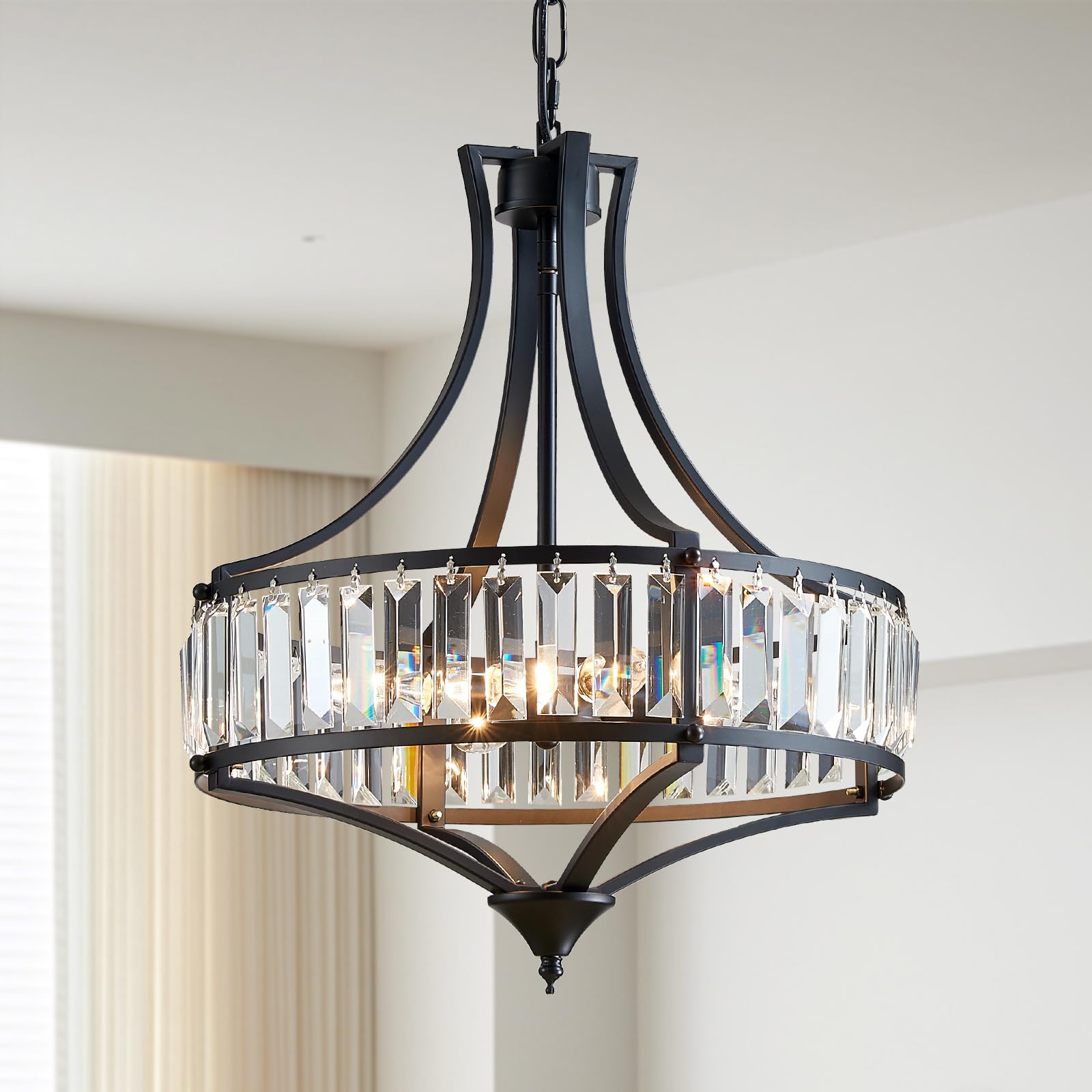 Majhoiw Crystal Chandeliers for Dining Room, Round Rustic Farmhouse Chandelier, Metal Shade, 4-Light Modern Chandelier for Hallw