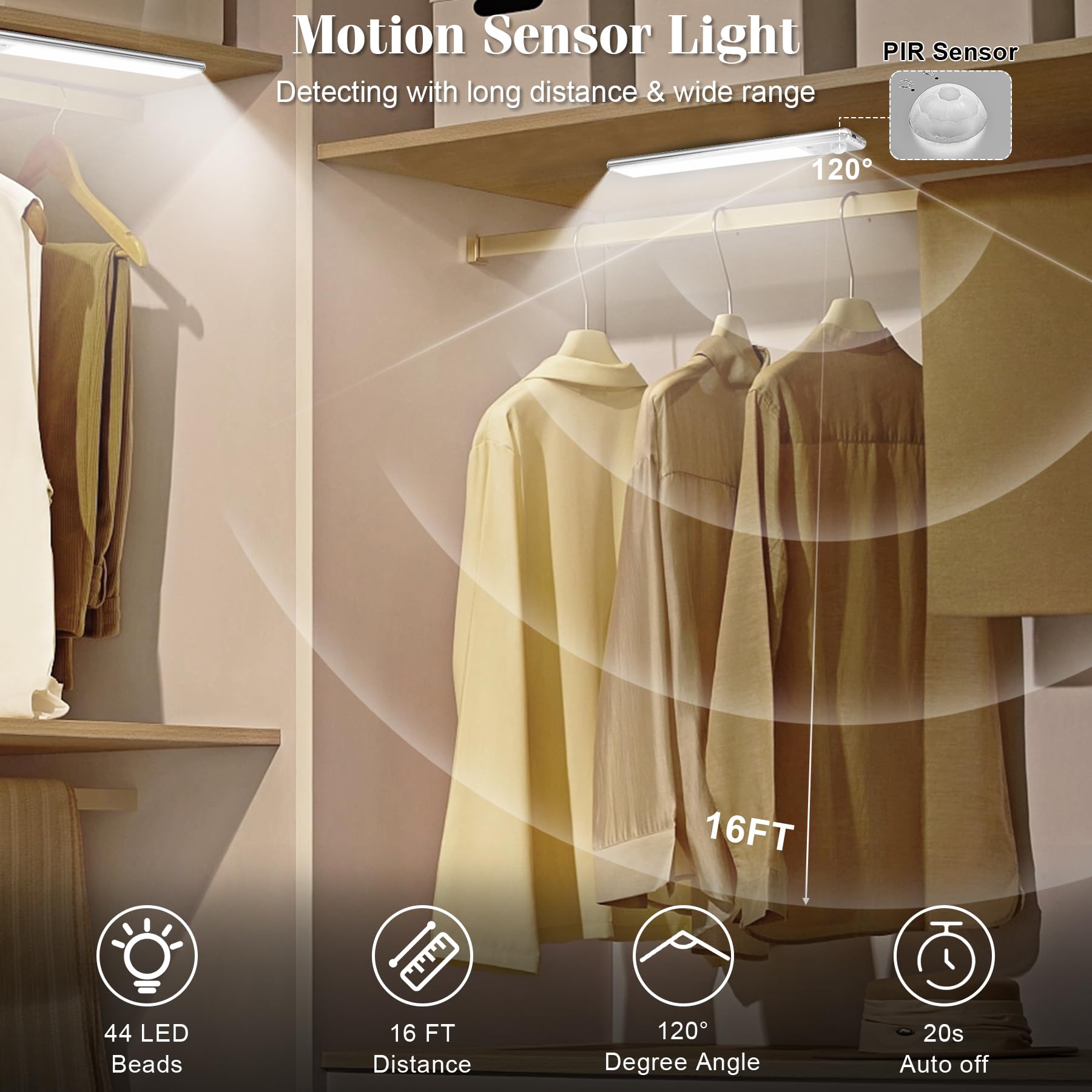 Yacoto Under Cabinet Lighting, 44 LED Motion Sensor, 8 Inch, Rechargeable, Silver, Model DJ-024-2