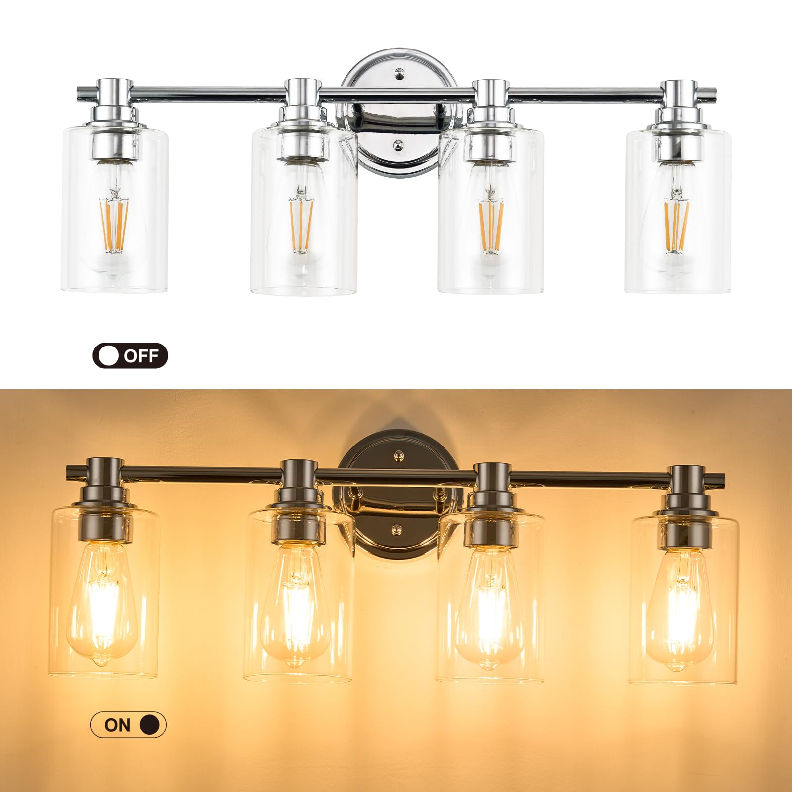ALAISLYC Bathroom Light Fixtures - Chrome Wall Sconce with 4 Lights, Clear Glass for Vanity, Living Room, Bedroom, Restroom, Hallway