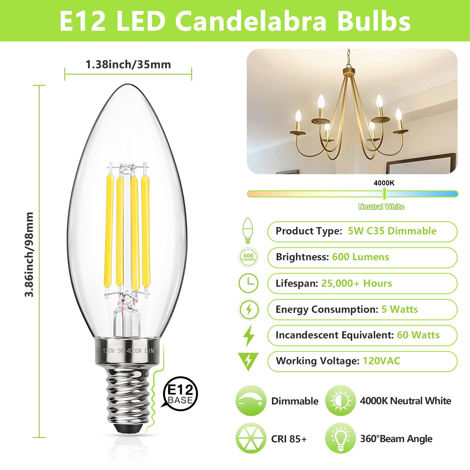 Maxvolador Dimmable E12 Led Candelabra Bulbs 60W Equivalent, Neutral White 4000K, 600Lm Chandelier Light Bulb, B11 Led Candle Li