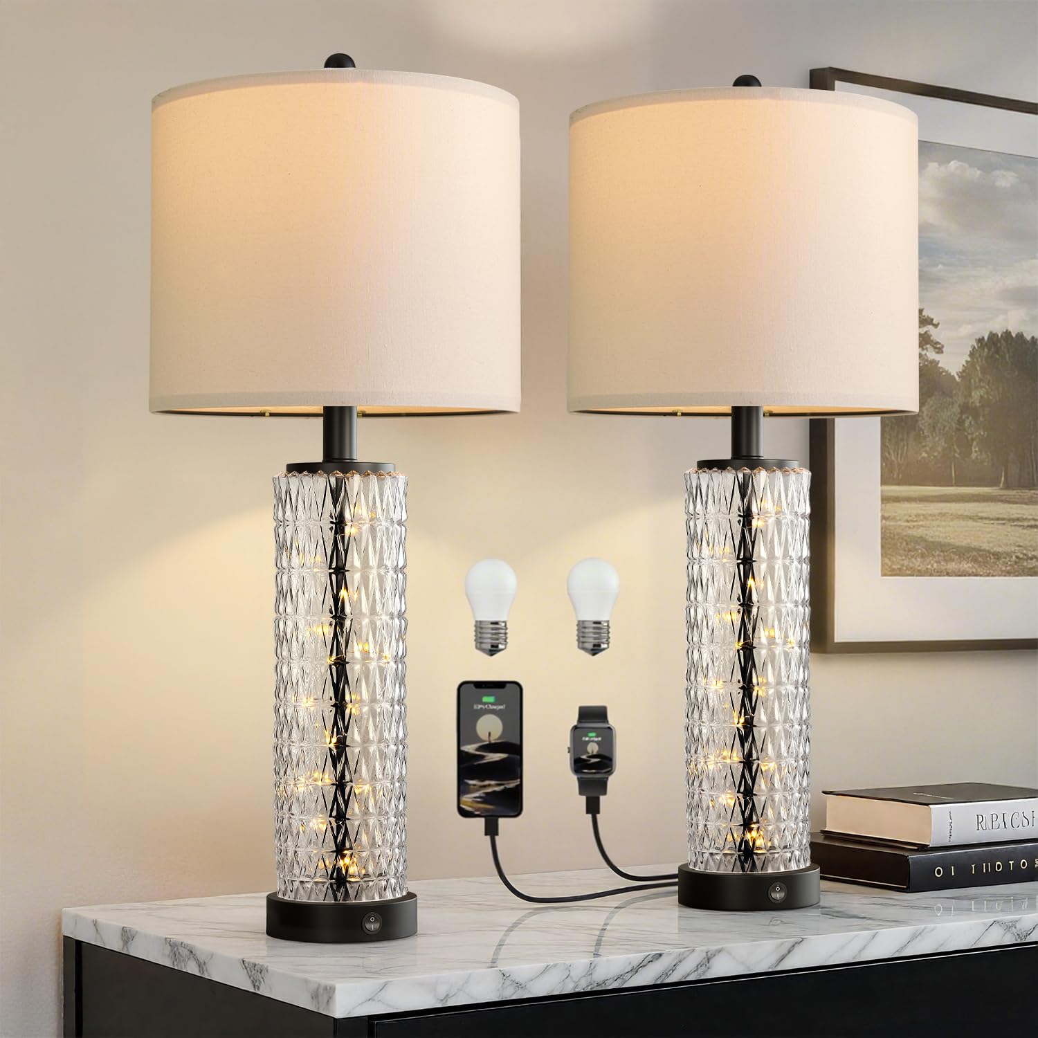 Oneach 27.75  Table Lamps Set of 2  Black Modern Bedside Lamp with LED Night Light  USB A+C  Glass Lamps for Living Room  Bedroom  Nightstand  Office  End Table (2 Bulbs Included)