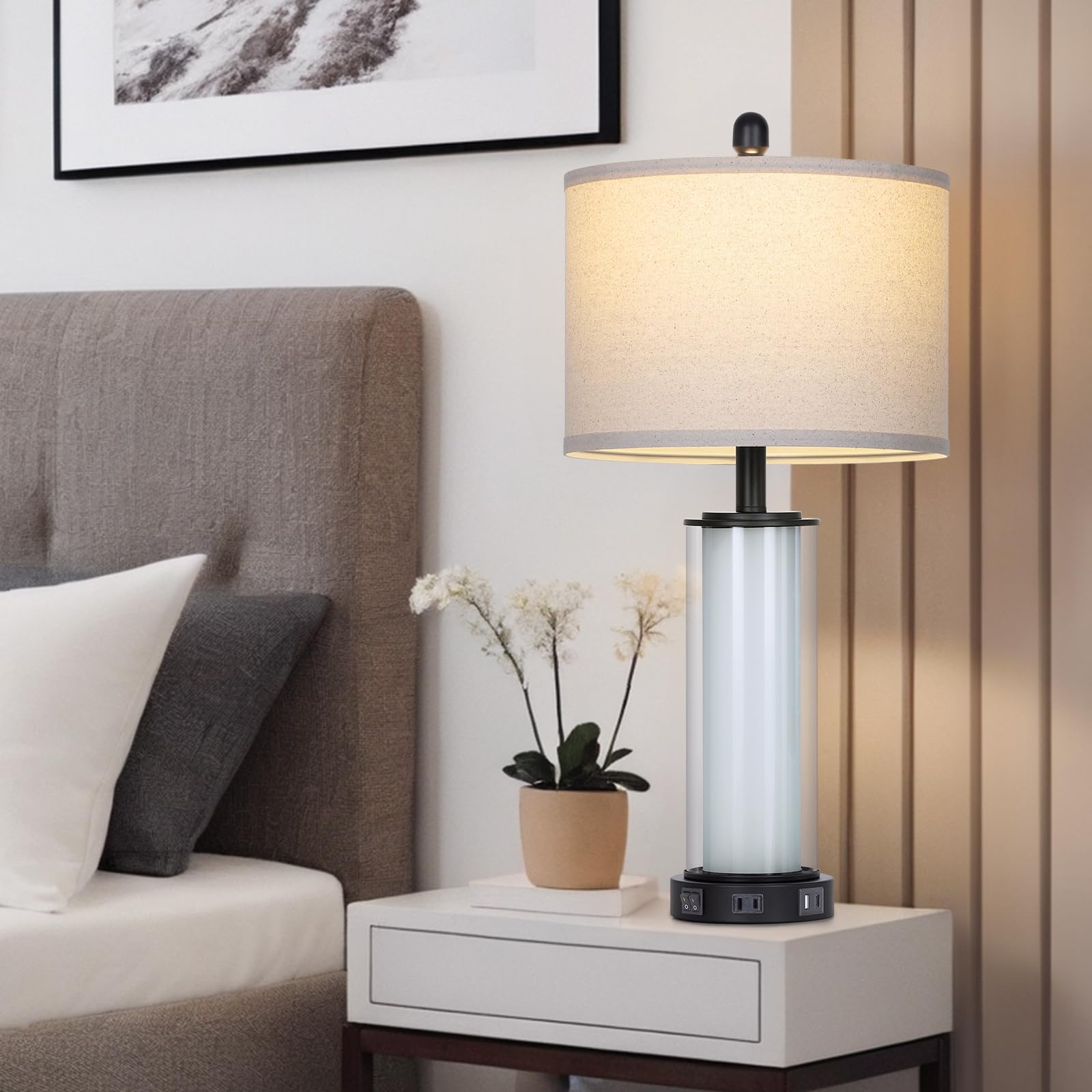 Black Glass Table Lamps Set Of 2, 26'' Living Room Lamp With Built-In Frosted Glass Night Light, Modern Bedroom Lamp With Usb C+