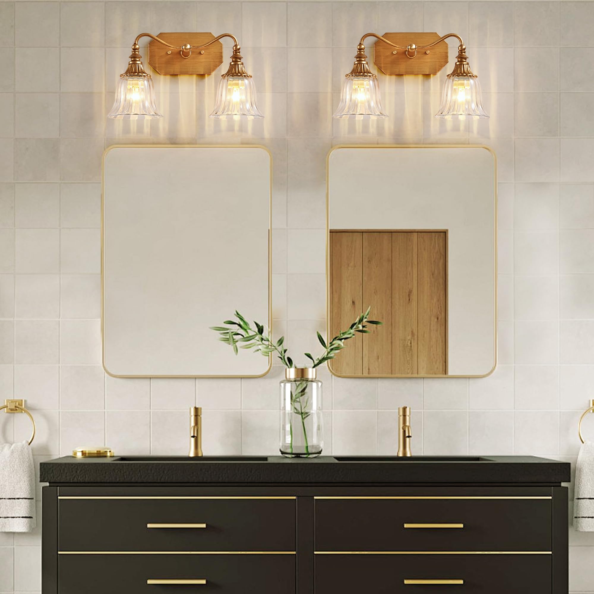 Lmnlvn Bathroom Vanity Gold Light Fixture  2 Lights Bathroom Lighting Matte Antique Brass Finish With Crystal Glass Shade  Gold Vintage Vanity Light For Bathrooms