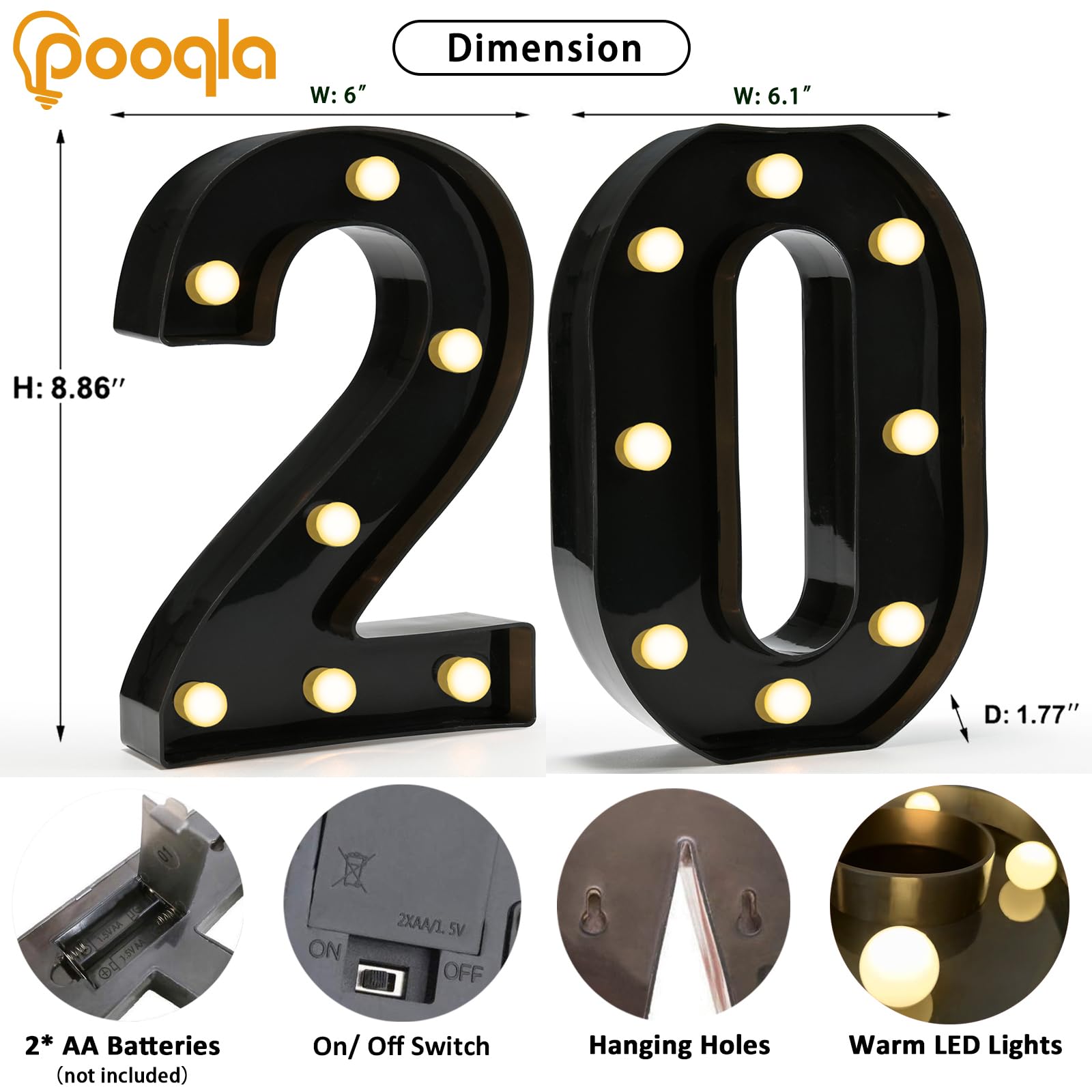 Pooqla Light Up Number Sign, LED Decorative Marquee for 20th Birthday, Black, Model LL-BLC-20, Battery Powered, Plastic