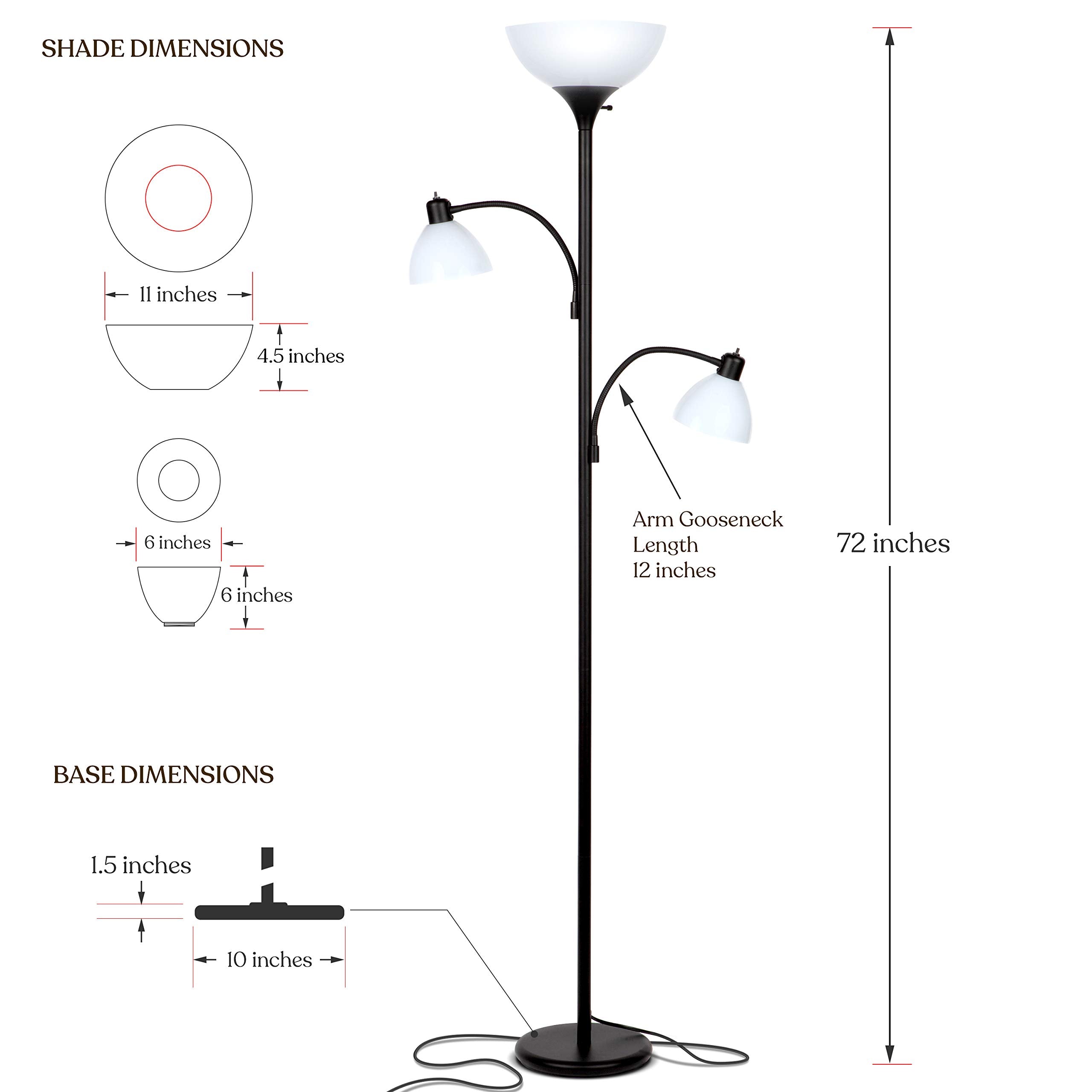 Brightech Sky Dome Double Led Floor Lamp - Dimmable Black Torchiere With 2 Reading Lamps For Living Rooms & Offices - Model Fl-Dme2-Blk