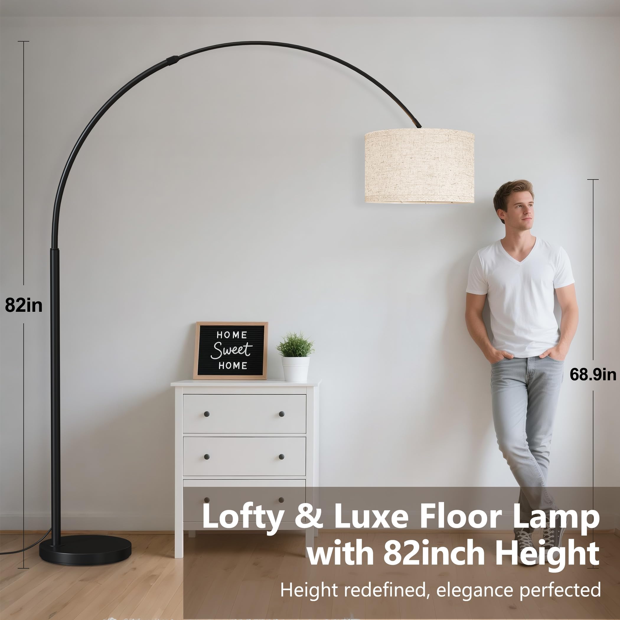 SUNMORY 82" Tall Arc Floor Lamp, Large Adjustable Modern Curved Light, Black Metal for Living Room & Office
