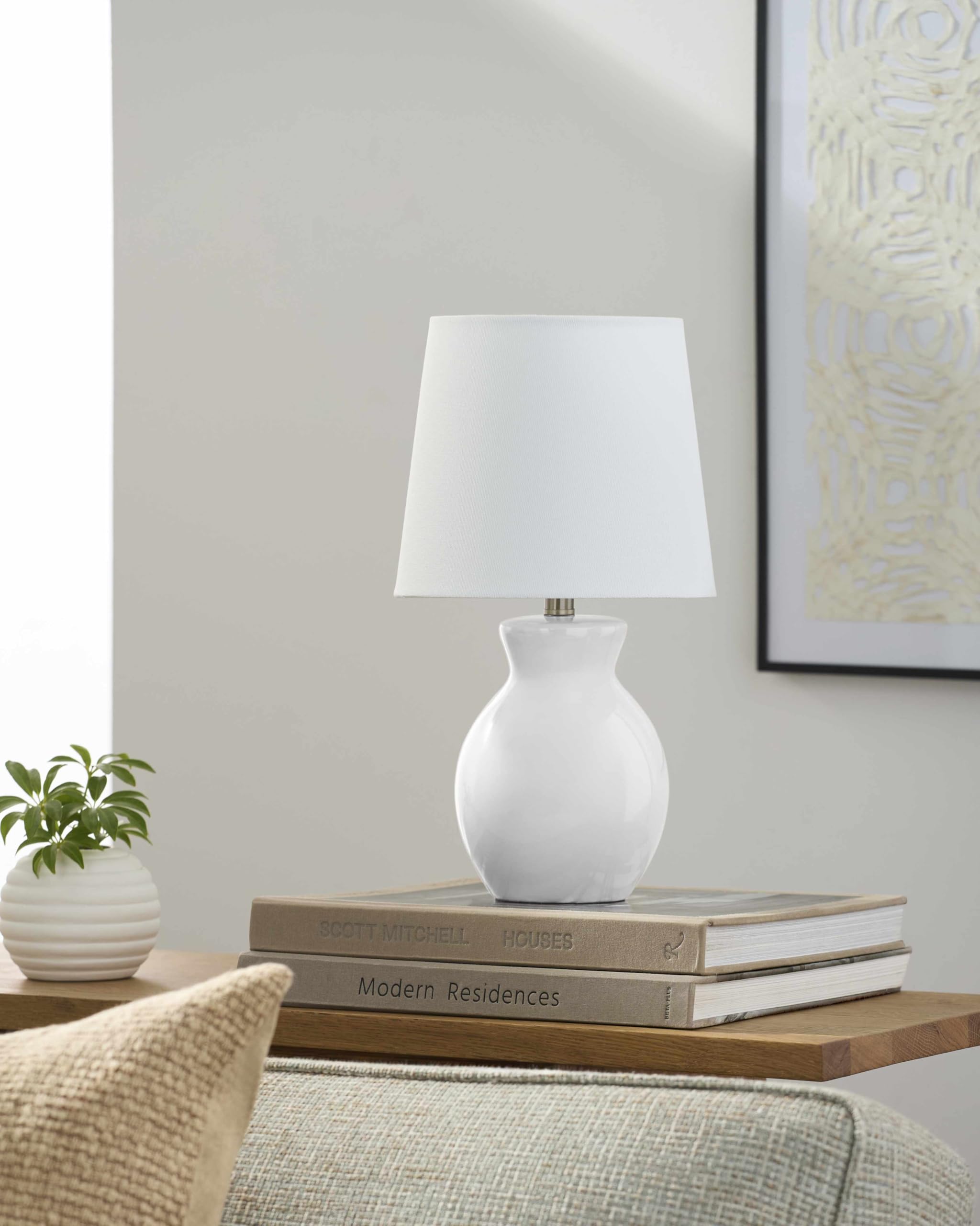 BoutiqueRugs Ceramic Bedside Table Lamp, 15inH, White, Salgareda Design, Cotton Shade, Suitable for Bedroom and Living Room