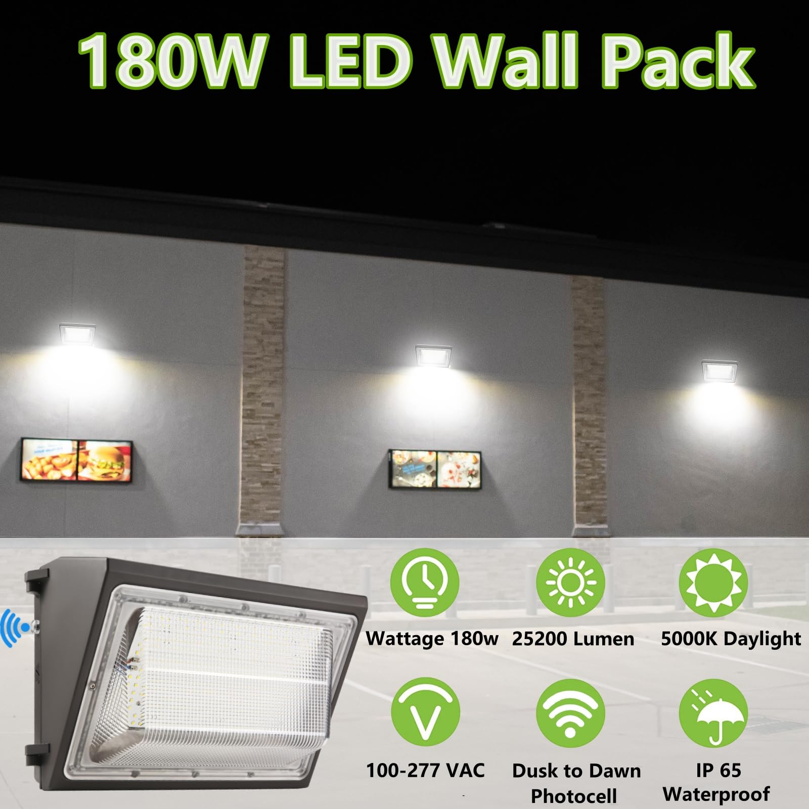 Ununono 2Pack Dusk To Dawn 180W Led Wall Pack Light Fixture, 25200Lm 1500W Hps/Hid Equivalent,100-277V, 5000K Daylight Commerical/Industrial Outdoor Security Lighting, Parking Lot,Entrance, Warehouse