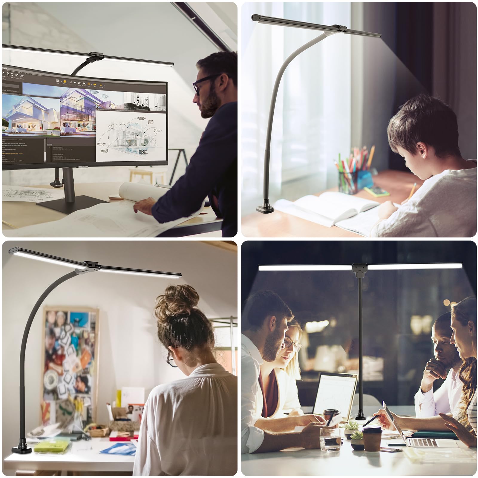 Shinetech Led Desk Lamp For Home Office, 4000K Neutral White Double Head Architect Task Lamps With Clamp, Dimmable Adjustable Fl