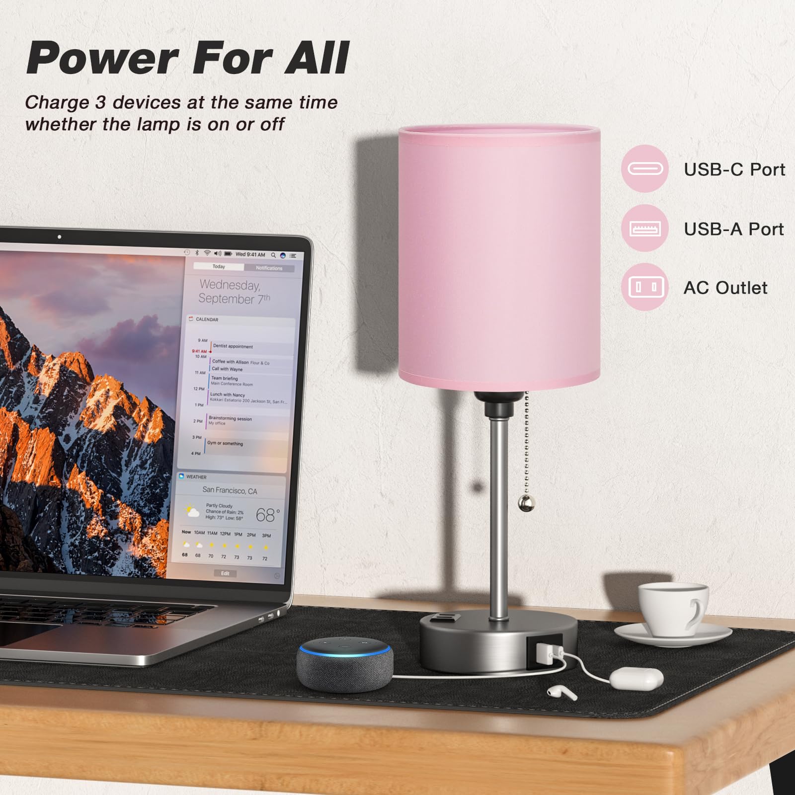 Dicoool Pink Bedroom Lamp - 3 Color Temperatures, USB C & A Ports, 14.6in, Silver Metal Base, Model 15-11