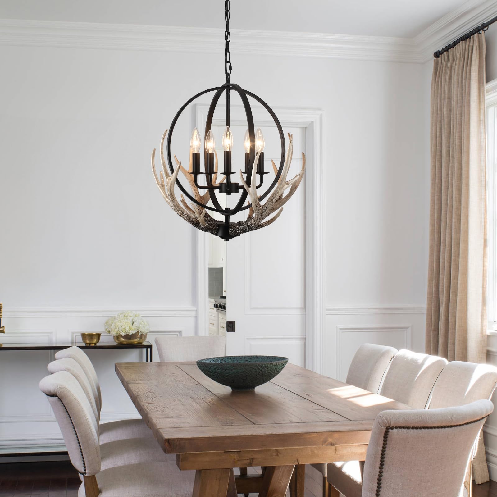 Puming 5-Light Black Chandelier For Dining Room 20'' Antler Farmhouse Chandeliers Rustic Vintage Pendant Light Fixture With 4 Re