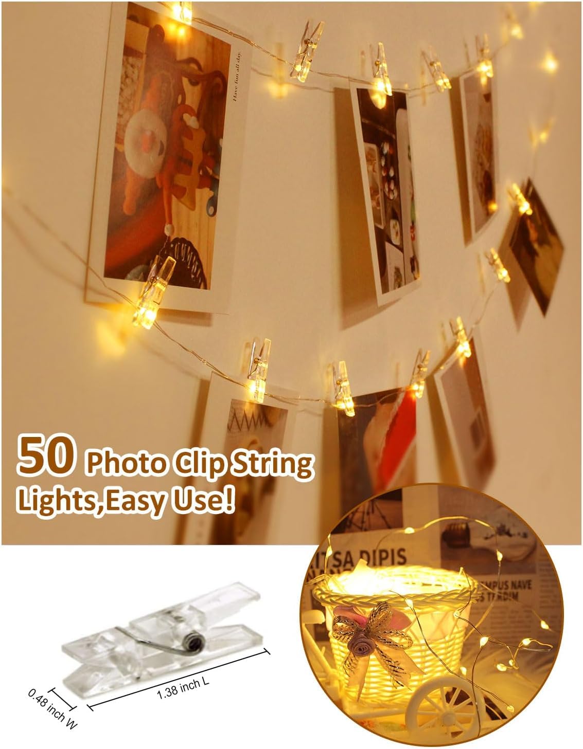 LECLSTAR Photo Clip String Lights - 33FT Warm White LED Fairy Lights, Waterproof Copper Wire, 100 LEDs, 50 Clear Clips, Model KM-300